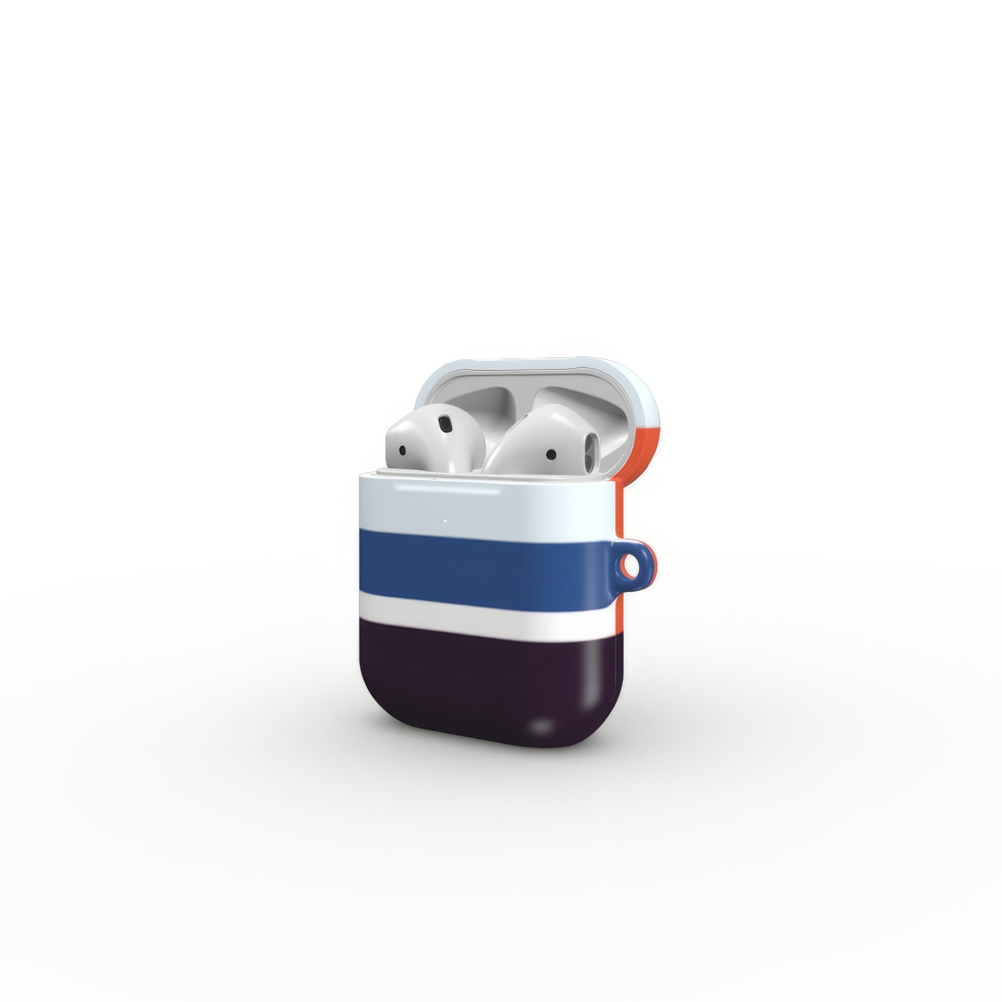 Apple AirPods 1 and 2 tough case Retro Stripes Blue pattern design with a bold color blocks in vintage, mid century modern style, featuring an elegant and expressive aesthetic design. Main colors are deep purple, navy, light blue and orange red. Open side view.