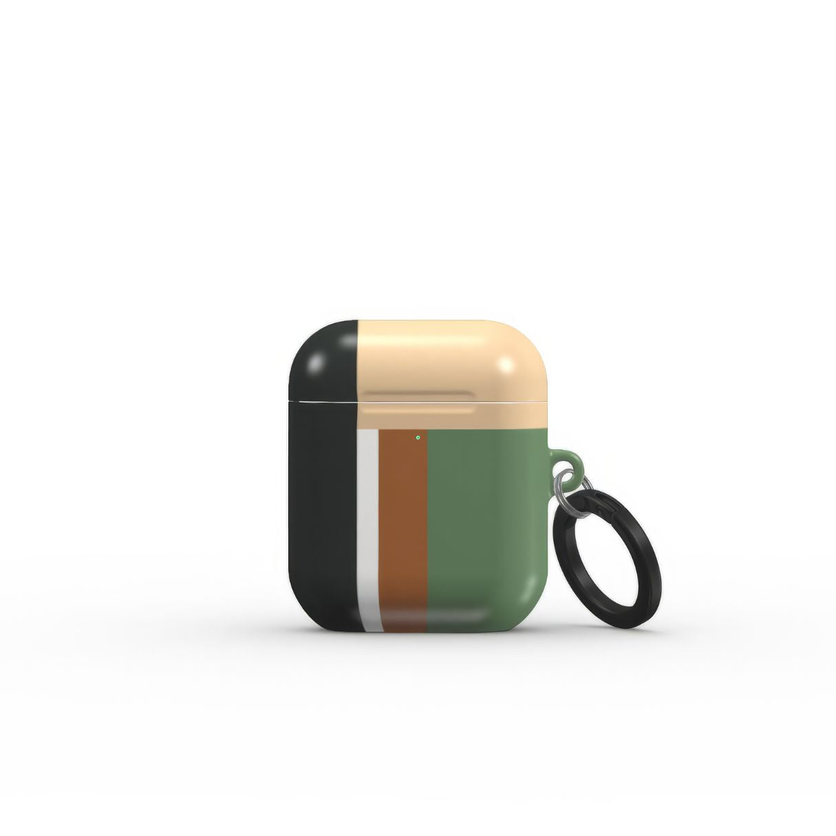 Apple AirPods 1 and 2 tough case Retro Stripes Khaki pattern design with a bold color blocks in vintage, mid century modern style, featuring an elegant and expressive aesthetic design. Main colors are khaki, dark green, brown and cappuccino. Front view.