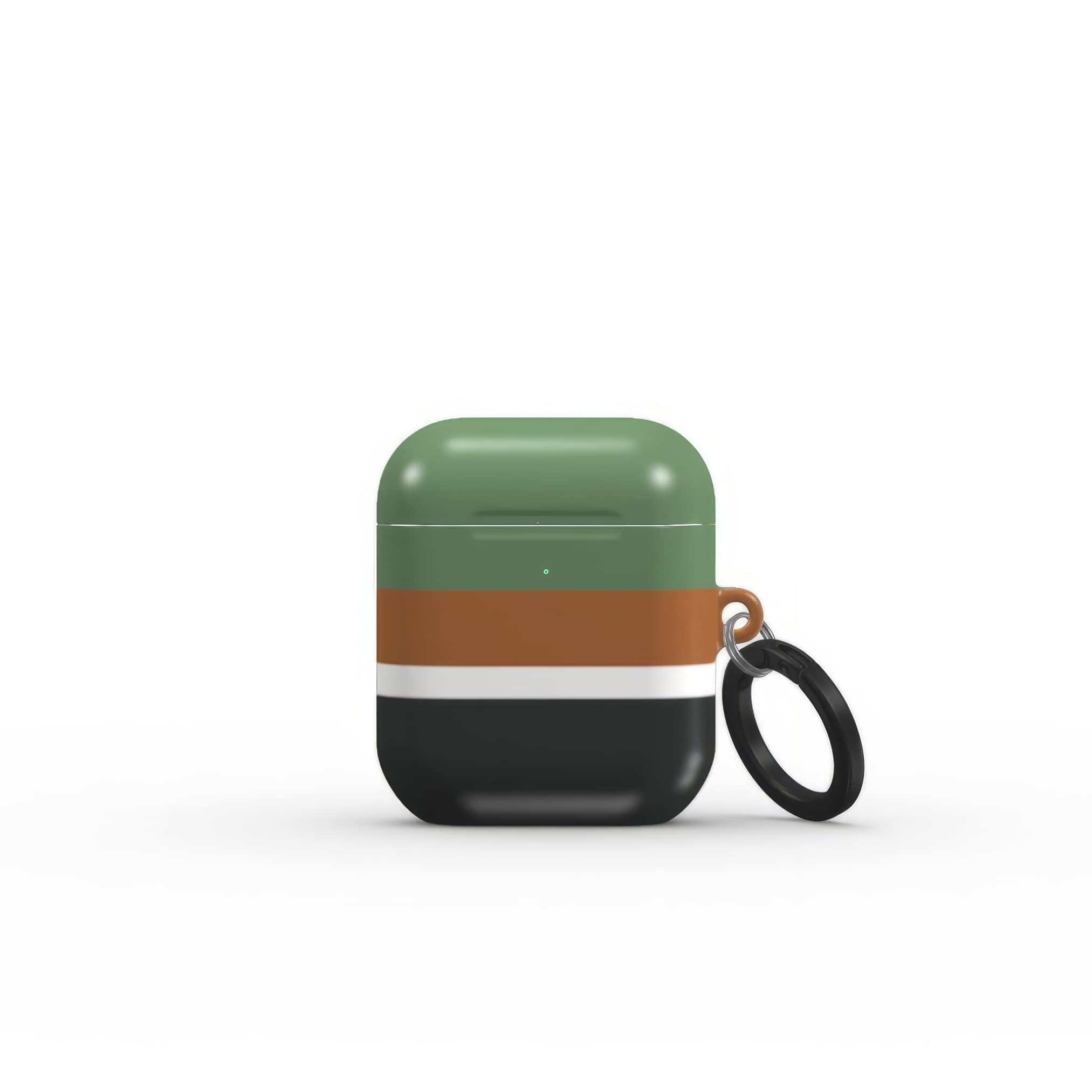 Apple AirPods 1 and 2 tough case Retro Stripes Khaki pattern design with a bold color blocks in vintage, mid century modern style, featuring an elegant and expressive aesthetic design. Main colors are khaki, dark green, brown and cappuccino. Front view.