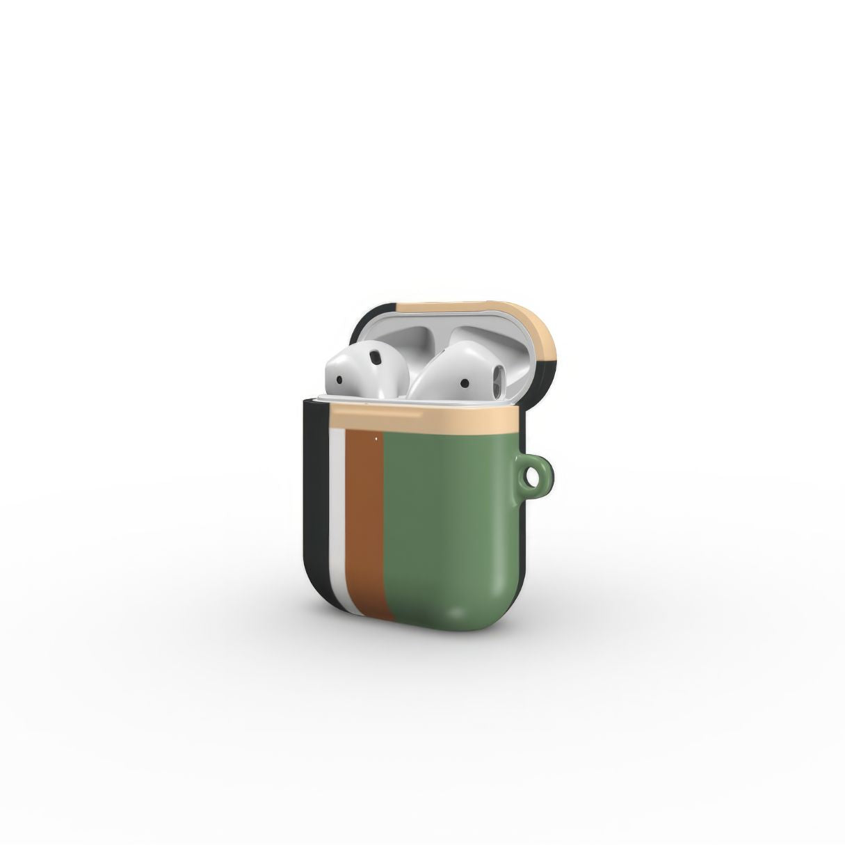 Apple AirPods 1 and 2 tough case Retro Stripes Khaki pattern design with a bold color blocks in vintage, mid century modern style, featuring an elegant and expressive aesthetic design. Main colors are khaki, dark green, brown and cappuccino. Side open view.