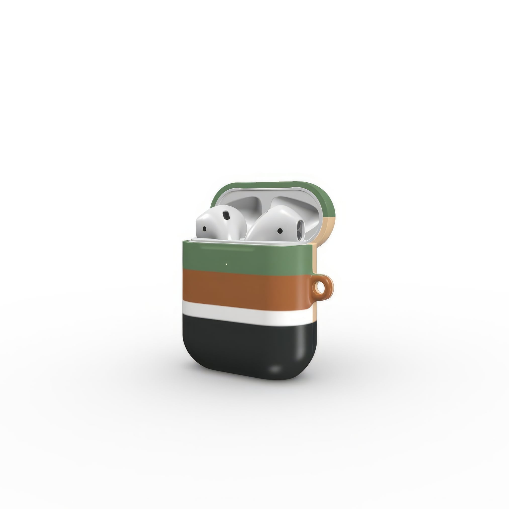 Apple AirPods 1 and 2 tough case Retro Stripes Khaki pattern design with a bold color blocks in vintage, mid century modern style, featuring an elegant and expressive aesthetic design. Main colors are khaki, dark green, brown and cappuccino. Side open view.