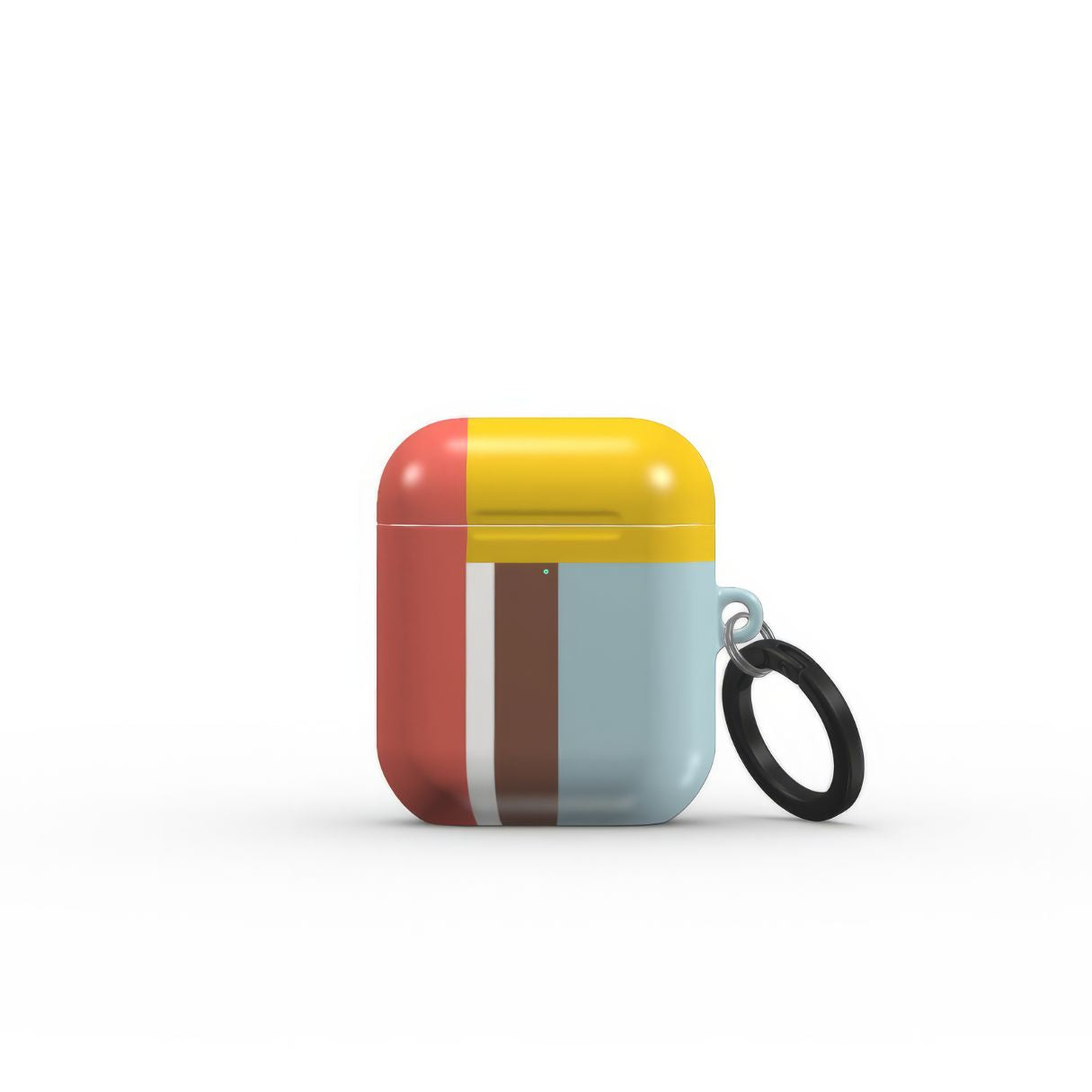 AirPods 1 and 2 tough case Retro Stripes Red pattern design with a bold color blocks in vintage, mid century modern style, featuring an elegant and expressive aesthetic design. Main colors are yellow, muted red and light blue. Front view.