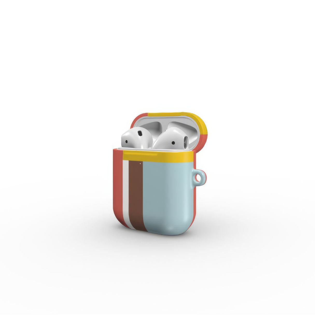 AirPods 1 and 2 tough case Retro Stripes Red pattern design with a bold color blocks in vintage, mid century modern style, featuring an elegant and expressive aesthetic design. Main colors are yellow, muted red and light blue. Side open view.