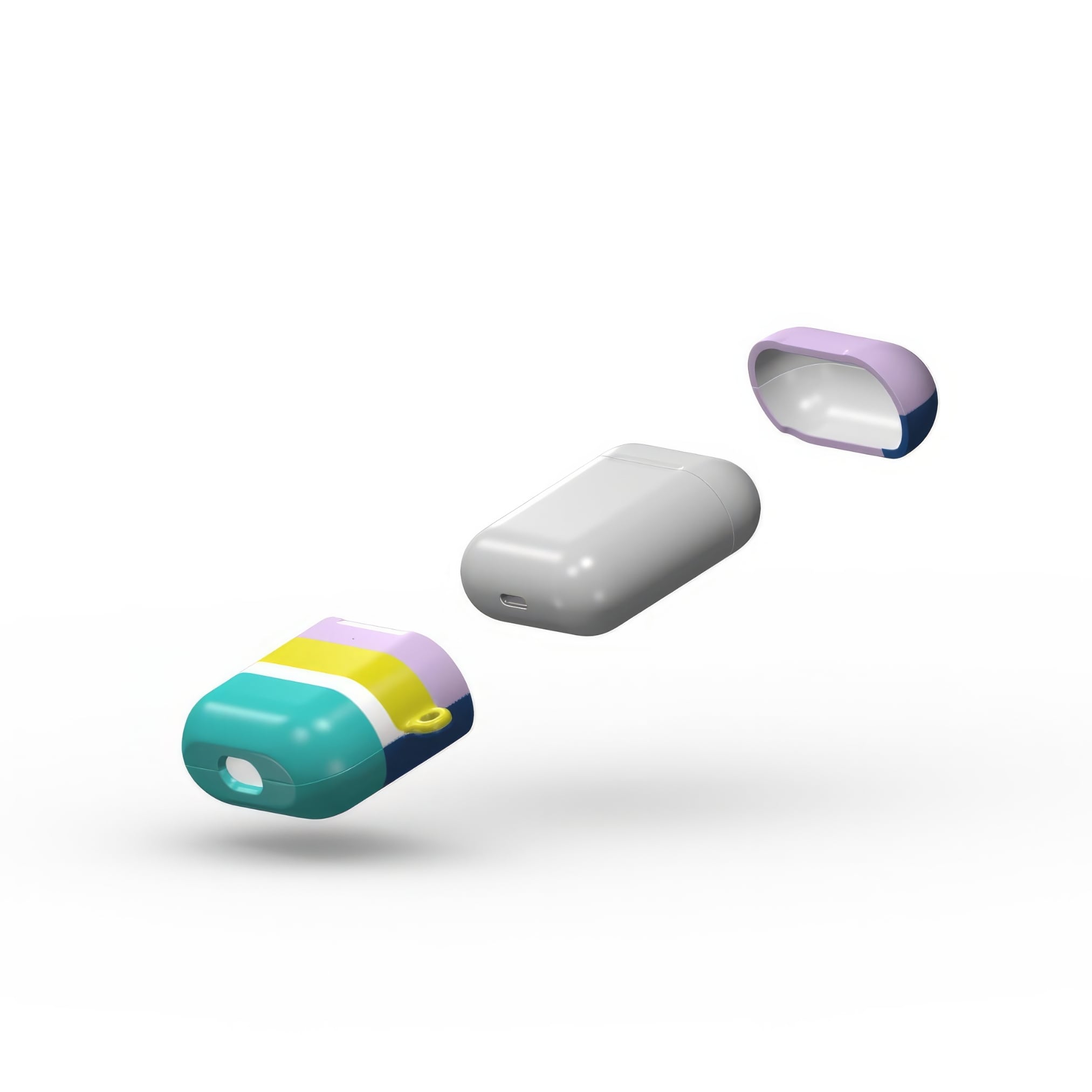 AirPods 1 and 2 tough shell case Retro Stripes Teal pattern design with a bold color blocks in vintage, mid century modern style, featuring an elegant and expressive aesthetic design. Main colors are navy blue, teal green, lilac and yellow. Extend view.