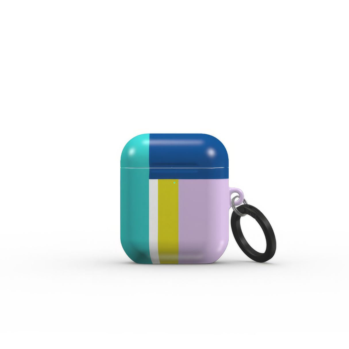 AirPods 1 and 2 tough shell case Retro Stripes Teal pattern design with a bold color blocks in vintage, mid century modern style, featuring an elegant and expressive aesthetic design. Main colors are navy blue, teal green, lilac and yellow. Front view.