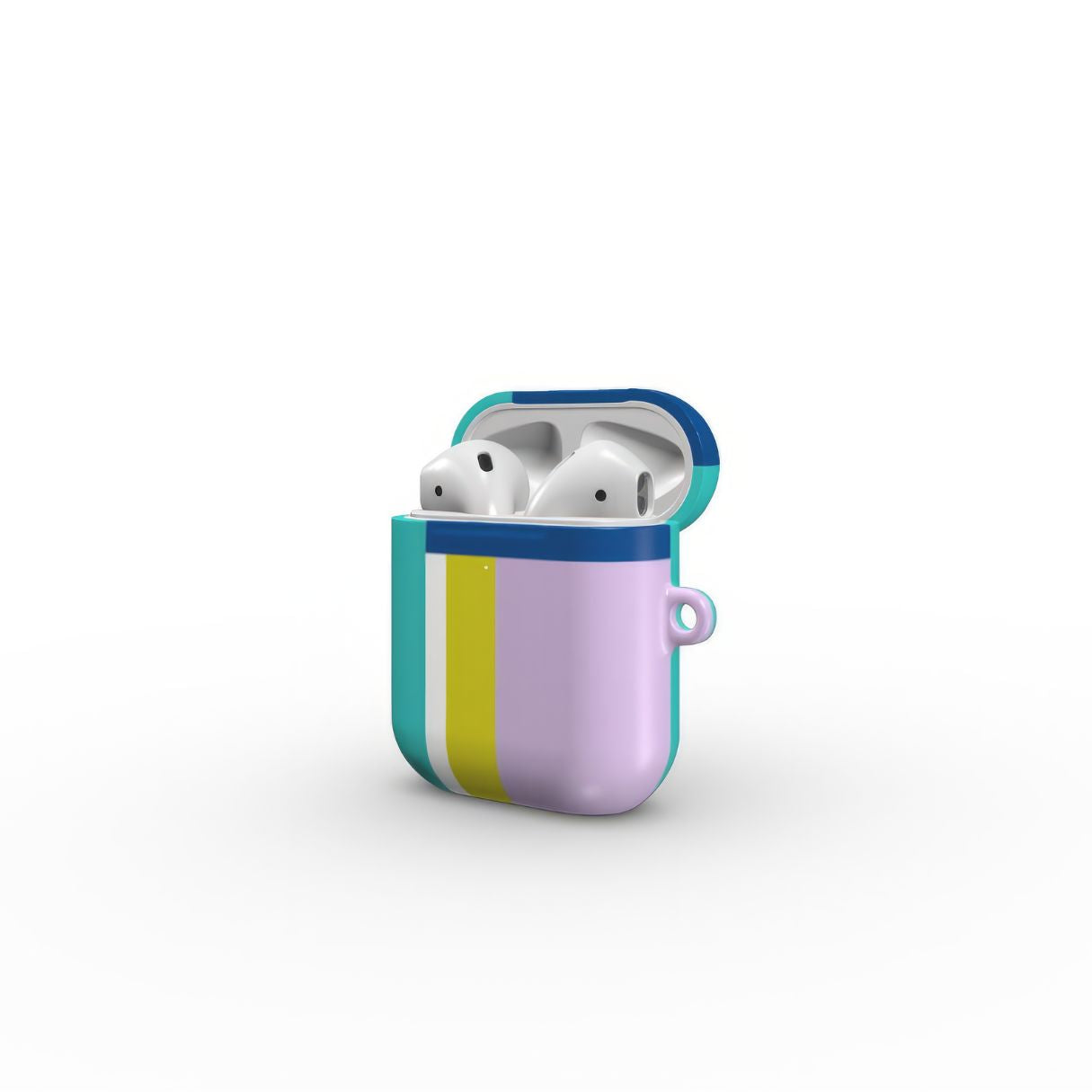 AirPods 1 and 2 tough shell case Retro Stripes Teal pattern design with a bold color blocks in vintage, mid century modern style, featuring an elegant and expressive aesthetic design. Main colors are navy blue, teal green, lilac and yellow. Open side view.