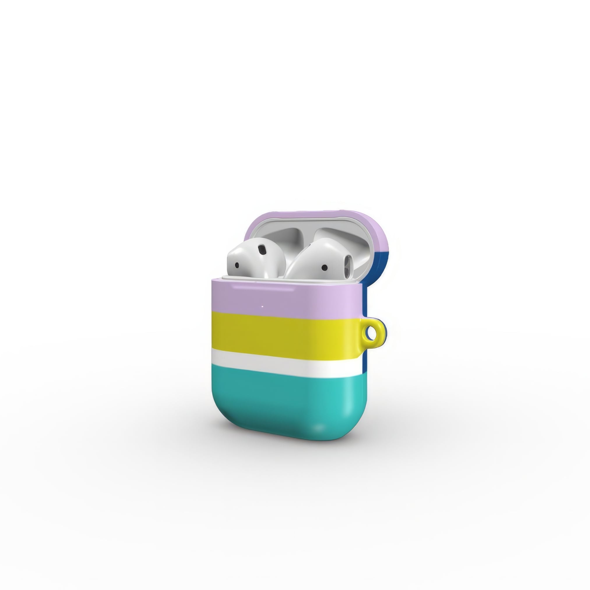 AirPods 1 and 2 tough shell case Retro Stripes Teal pattern design with a bold color blocks in vintage, mid century modern style, featuring an elegant and expressive aesthetic design. Main colors are navy blue, teal green, lilac and yellow. Open side view.