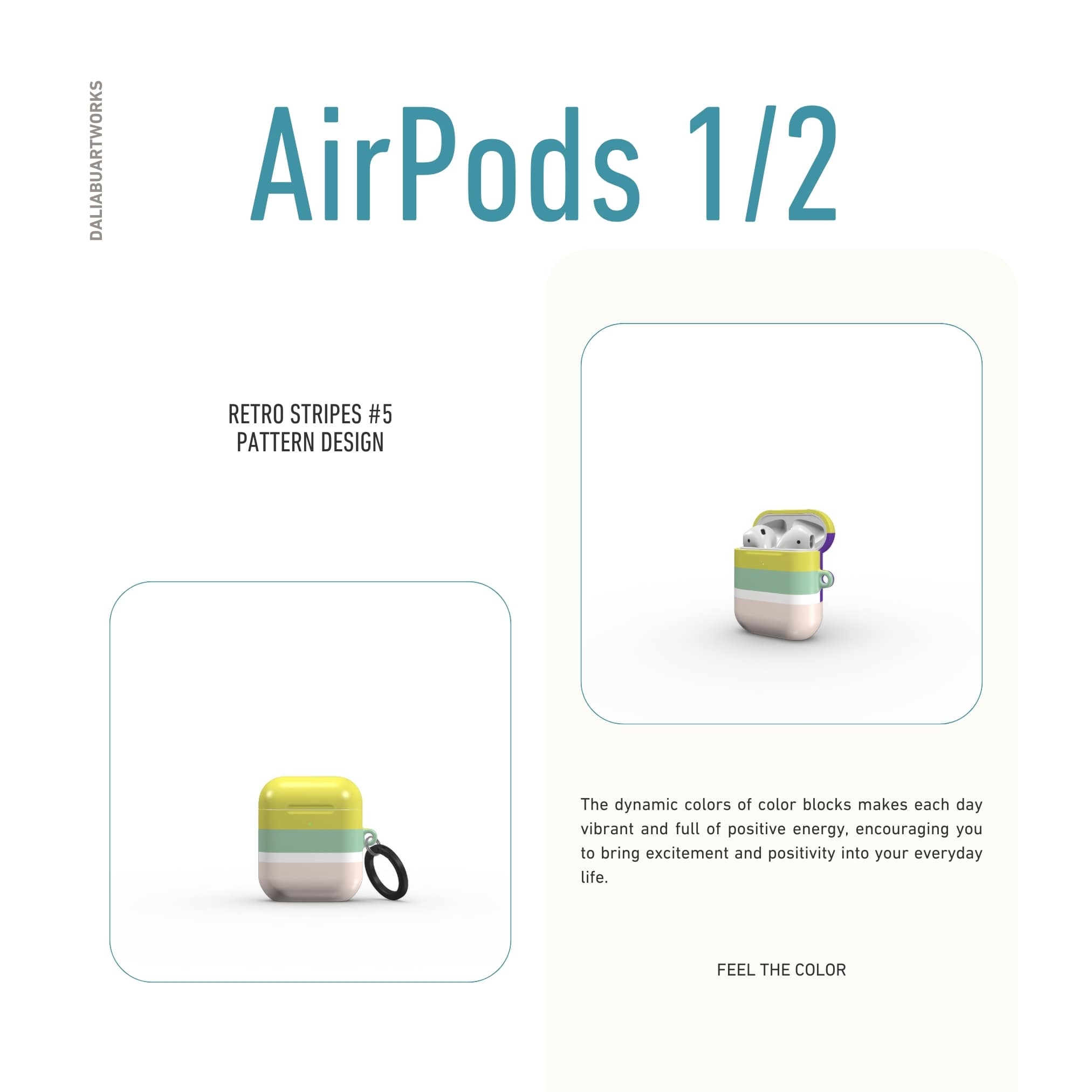 AirPods 1 and 2 tough case Retro Stripes Yellow pattern design with a bold color blocks in vintage, mid century modern style, featuring an elegant and expressive aesthetic design. Main colors are mustard yellow, purple and light pink. Front view.