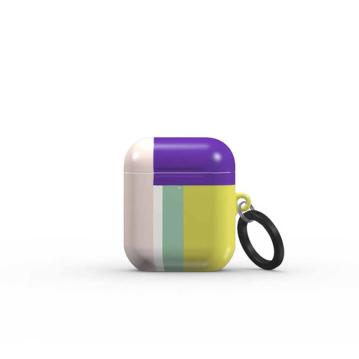 AirPods 1 and 2 tough case Retro Stripes Yellow pattern design with a bold color blocks in vintage, mid century modern style, featuring an elegant and expressive aesthetic design. Main colors are mustard yellow, purple and light pink. Front view.