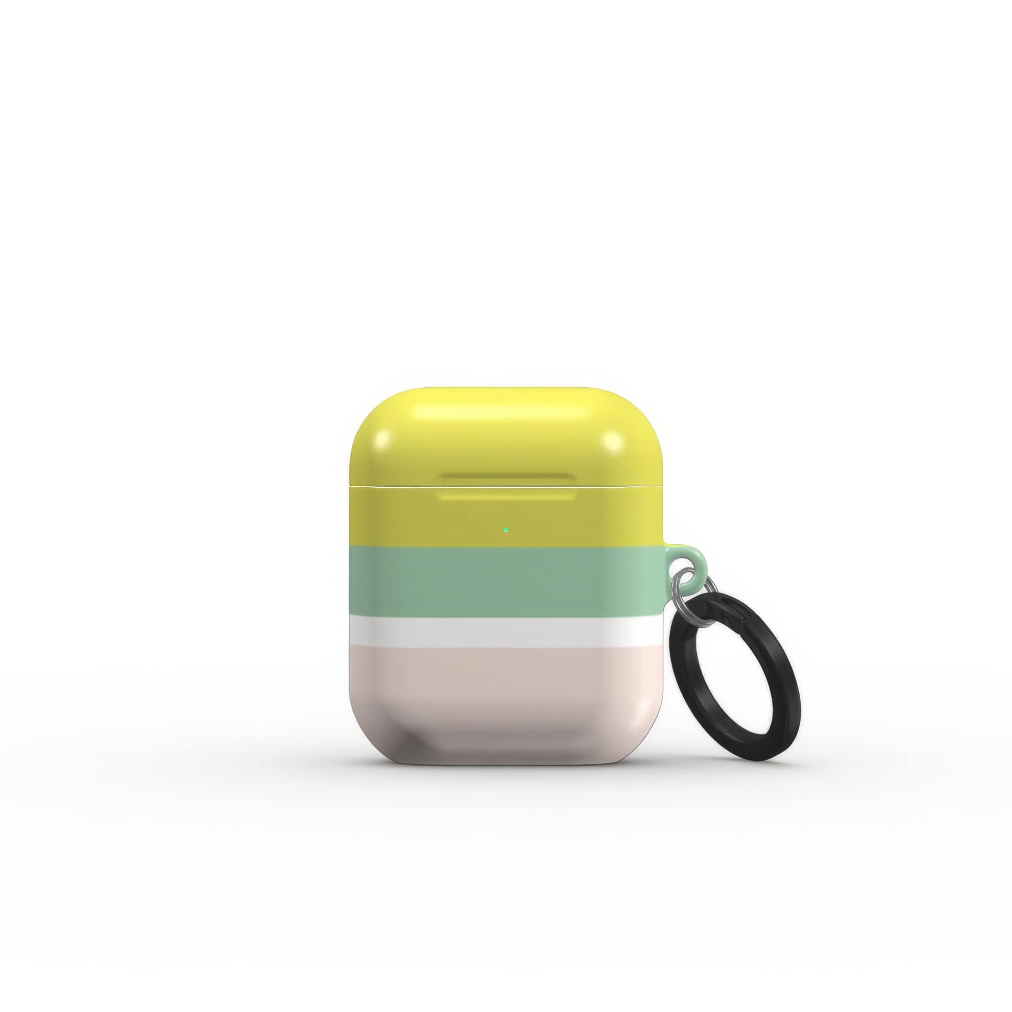 AirPods 1 and 2 tough case Retro Stripes Yellow pattern design with a bold color blocks in vintage, mid century modern style, featuring an elegant and expressive aesthetic design. Main colors are mustard yellow, purple and light pink. Front view.