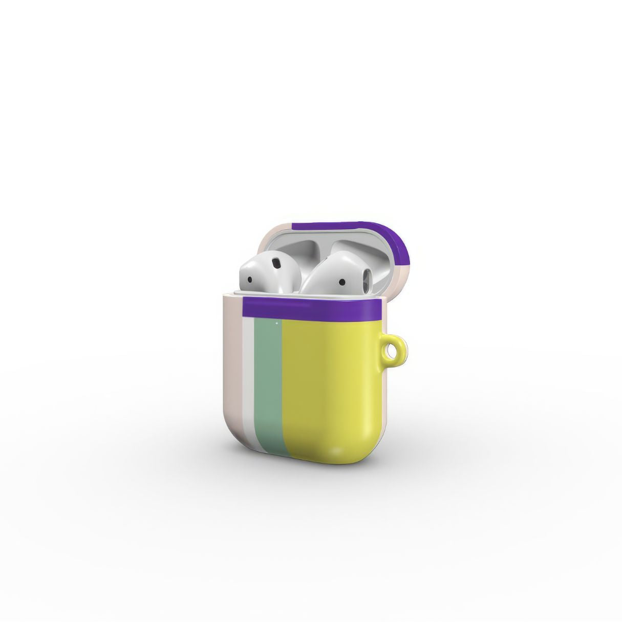 AirPods 1 and 2 tough case Retro Stripes Yellow pattern design with a bold color blocks in vintage, mid century modern style, featuring an elegant and expressive aesthetic design. Main colors are mustard yellow, purple and light pink. Side open view.