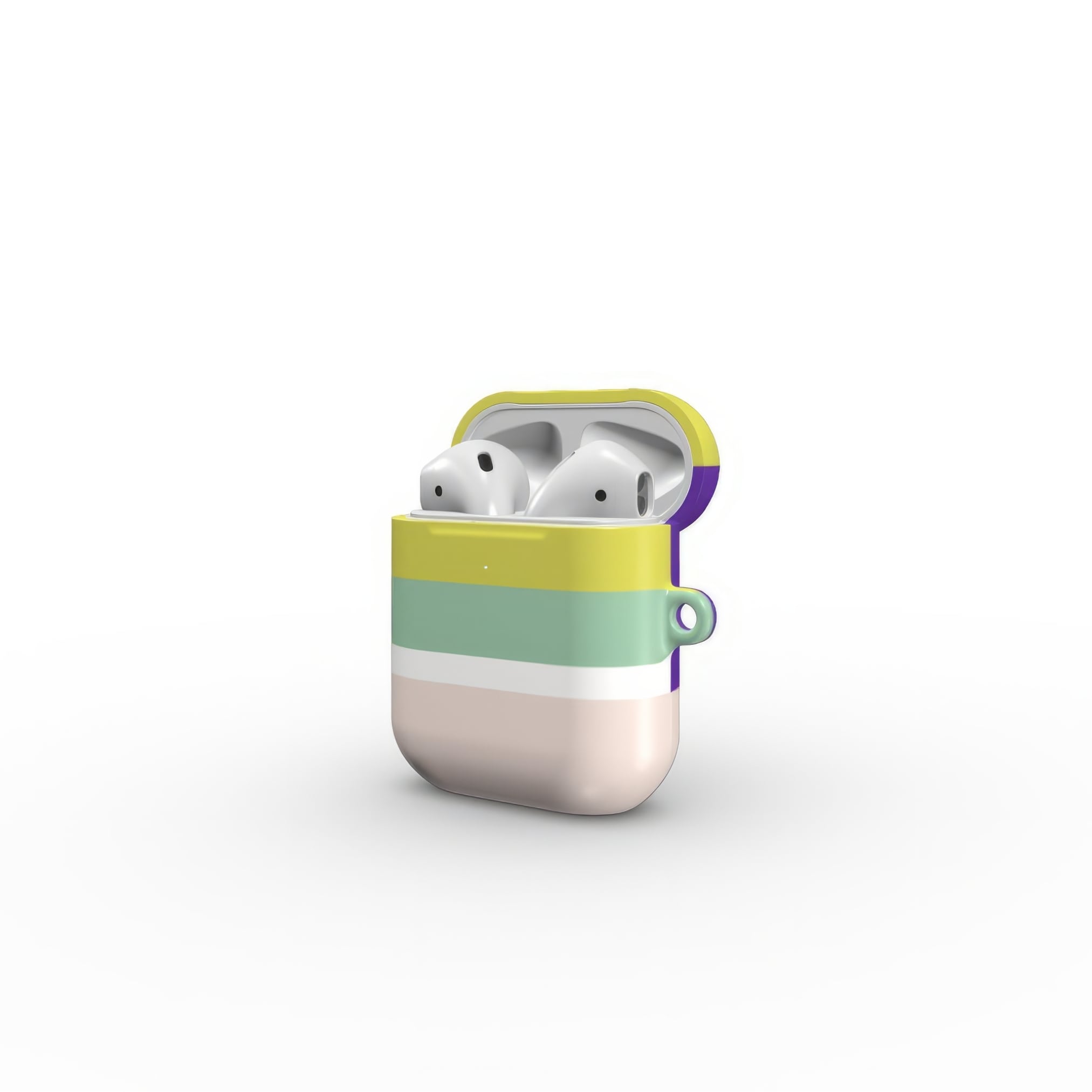 AirPods 1 and 2 tough case Retro Stripes Yellow pattern design with a bold color blocks in vintage, mid century modern style, featuring an elegant and expressive aesthetic design. Main colors are mustard yellow, purple and light pink. Side open view.