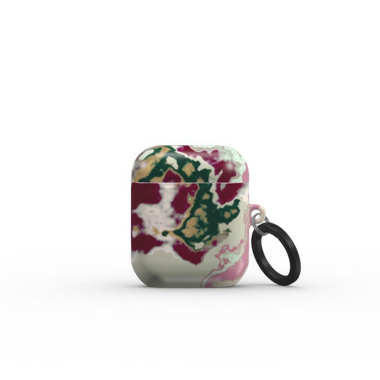AirPods 1/2 generation case with Sandscape Dream Burgundy pattern in artistic, abstract shape. Beige, green and bordeaux color combination. Bold expressive aesthetic design. Colorful and interior fit. Elegant. Front view.