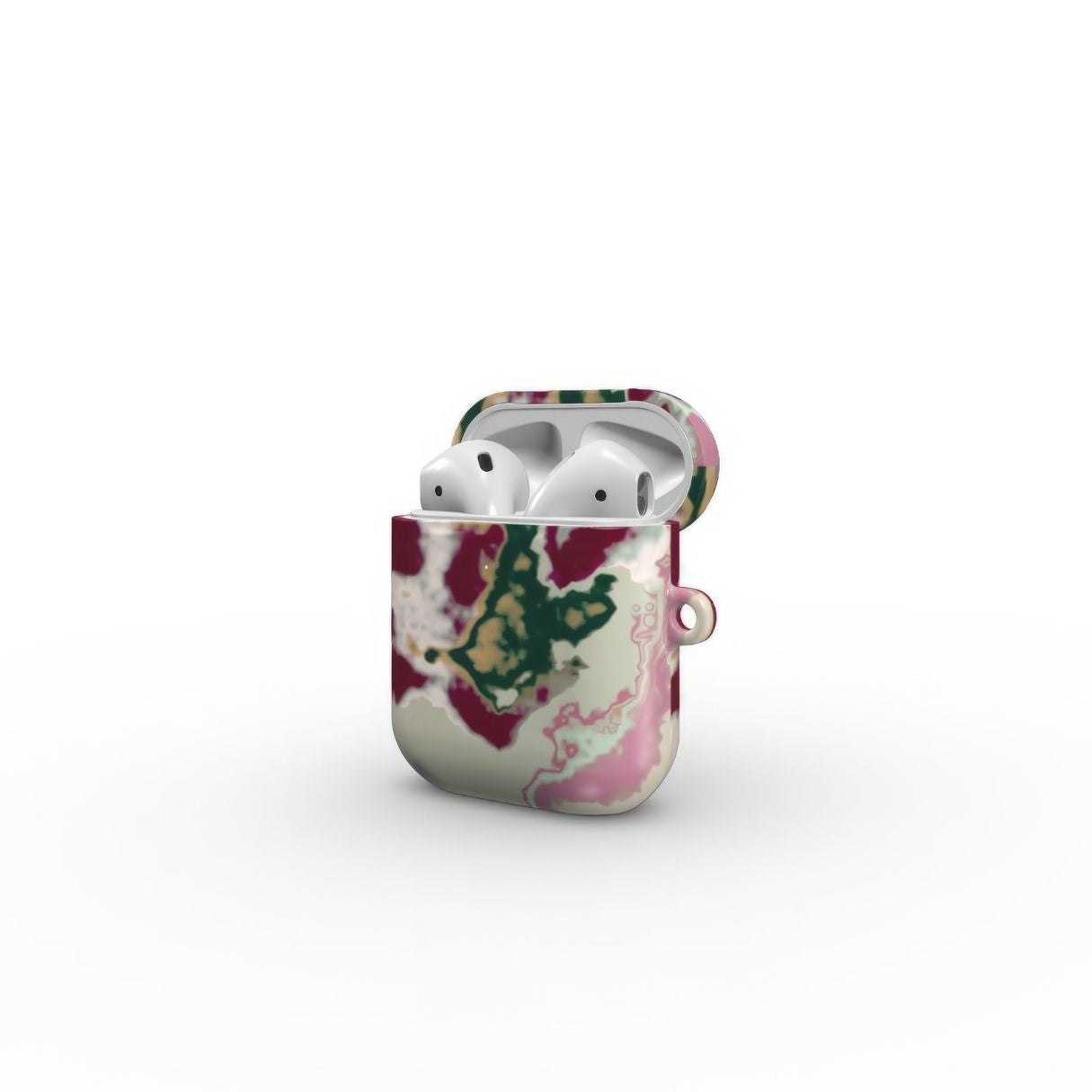 AirPods 1/2 generation case with Sandscape Dream Burgundy pattern in artistic, abstract shape. Beige, green and bordeaux color combination. Bold expressive aesthetic design. Colorful and interior fit. Elegant. Side view.