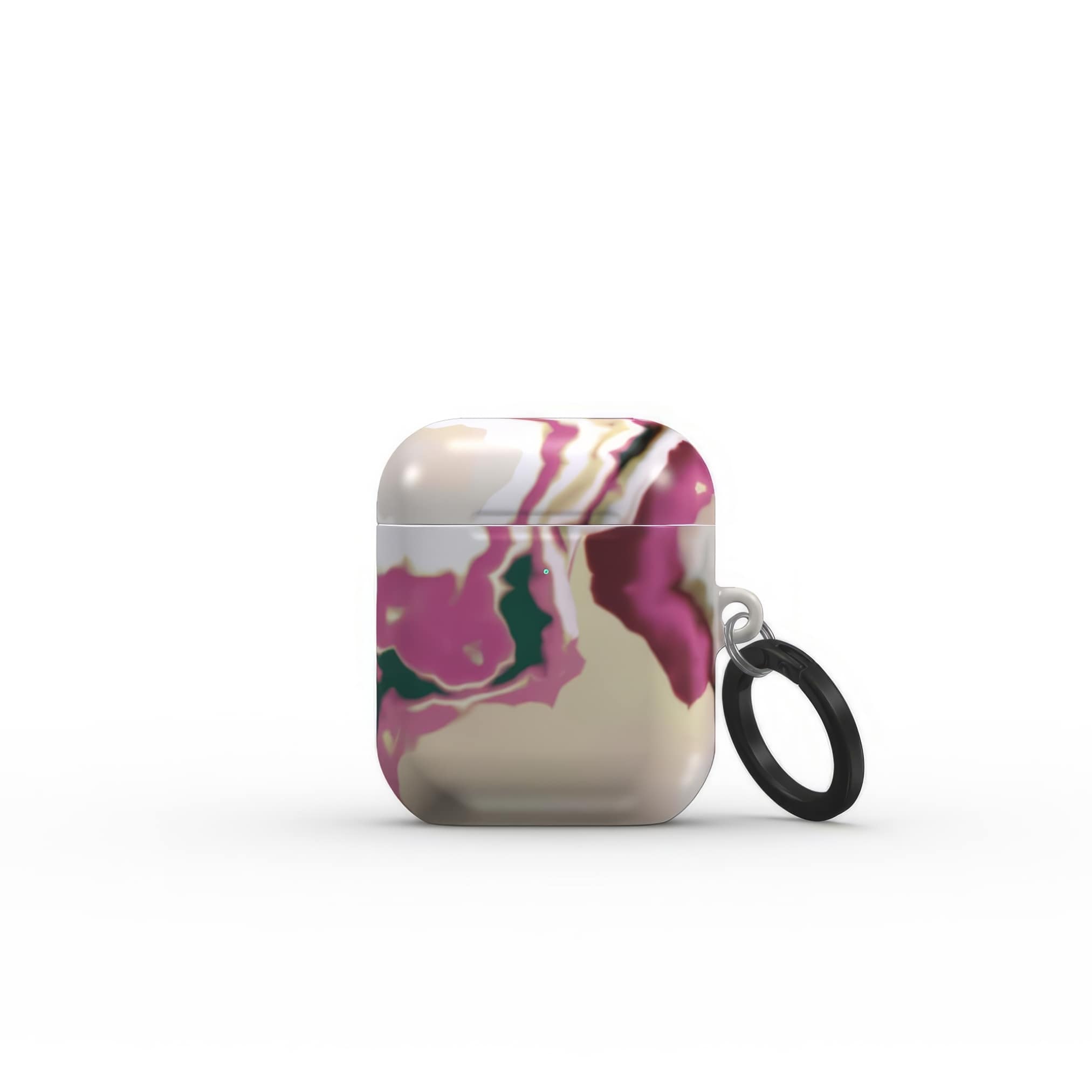 AirPods 1 and 2 tough case front view; Sandscape Dream pattern, artistic, abstract marble pattern. Beige and purple color combination. 