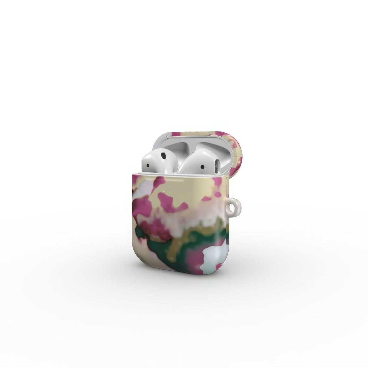 AirPods 1 and 2 tough case open side view; Sandscape Dream pattern, artistic, abstract marble pattern. Beige and purple color combination. 