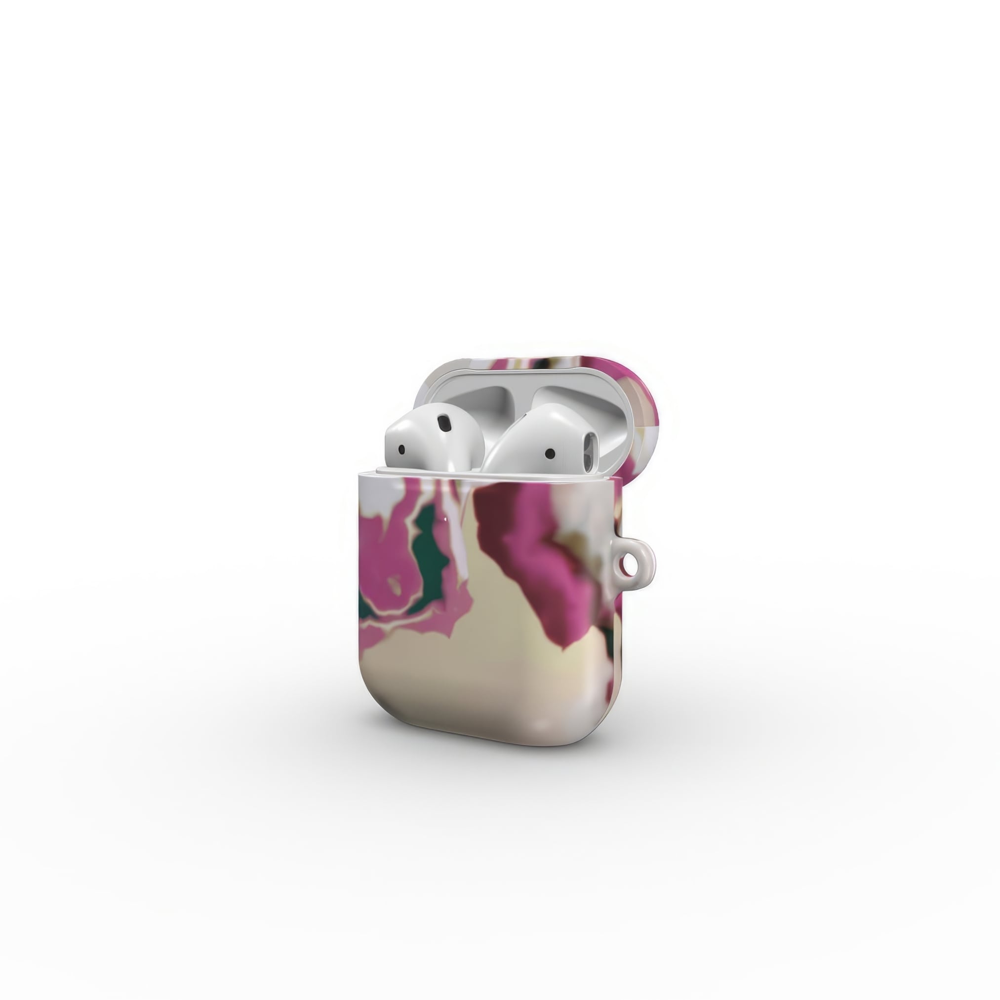 AirPods 1 and 2 tough case open side view; Sandscape Dream pattern, artistic, abstract marble pattern. Beige and purple color combination. 