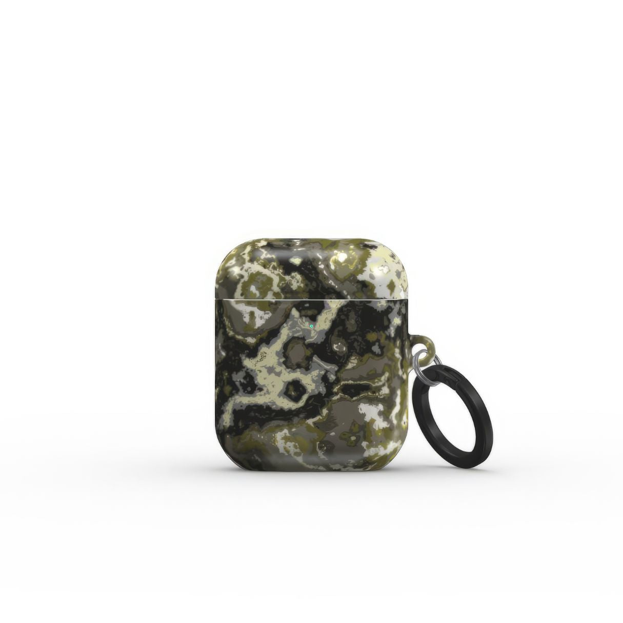 AirPods 1 and 2 tough case front view; Spring Rain pattern, artistic, abstract marble pattern. Yellow, black and grey color combination. Bold expressive aesthetic design. Colorful and interior fit. Elegant.
