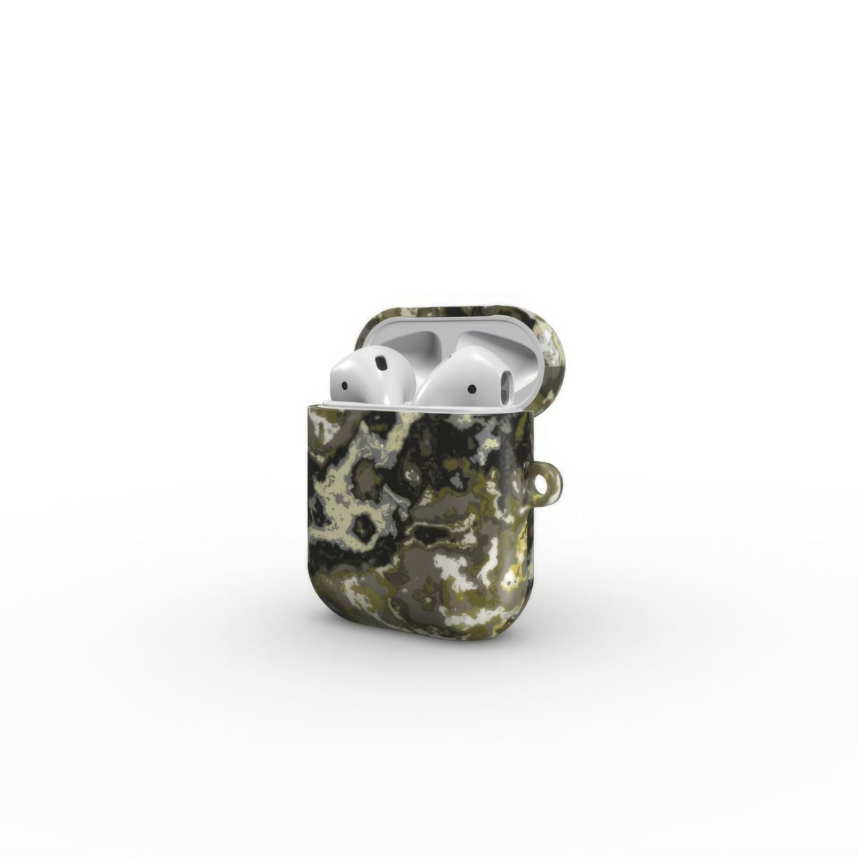 AirPods 1 and 2 tough case side open view; Spring Rain pattern, artistic, abstract marble pattern. Yellow, black and grey color combination.
