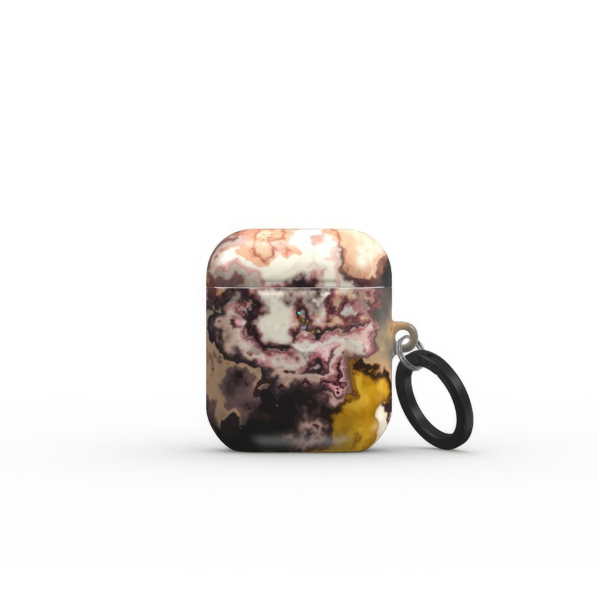 AirPods 1 and 2  tough case front view; Storm pattern, artistic, abstract marble pattern. Yellow and beige color combination. Bold expressive aesthetic design. Colorful and interior fit. Elegant.