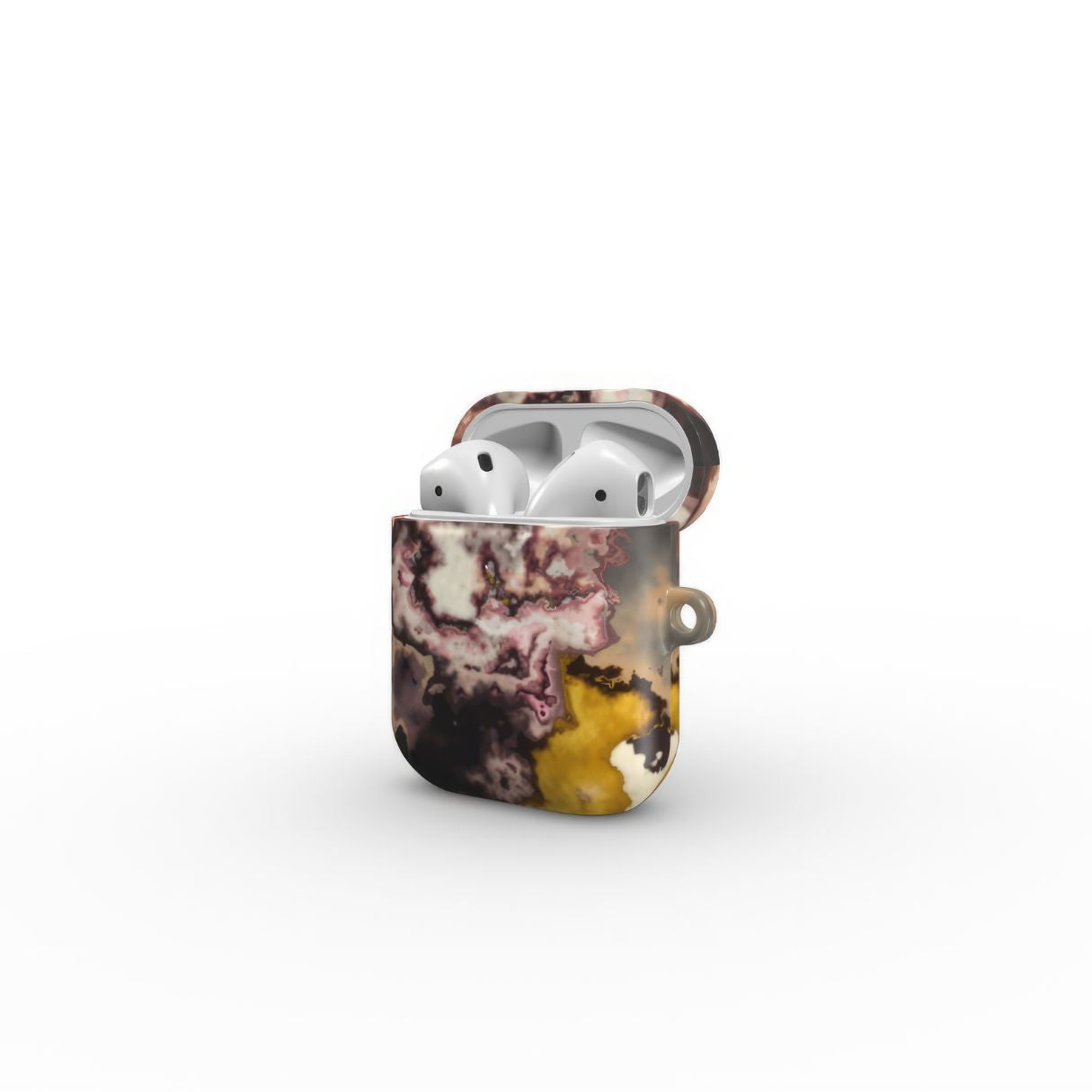 AirPods 1 and 2  tough case side open view; Storm pattern, artistic, abstract marble pattern. Yellow and beige color combination. 