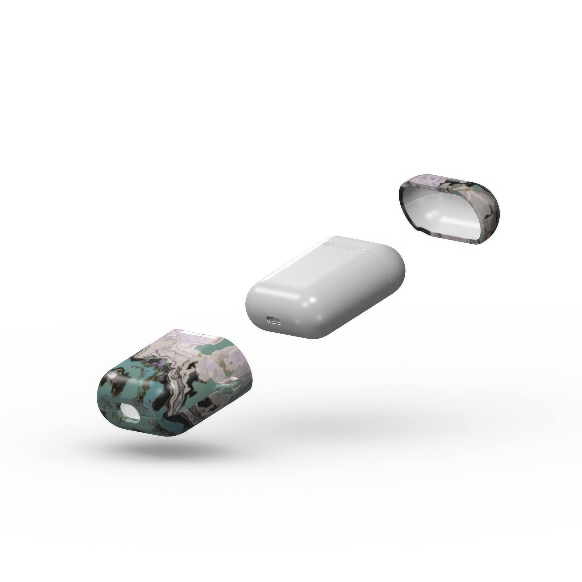 Apple AirPods 1/2 tough case with a bold vivid pattern in marble abstract and artistic style, featuring an elegant and expressive aesthetic design. Main colors are teal blue and light lilac. Extend view.