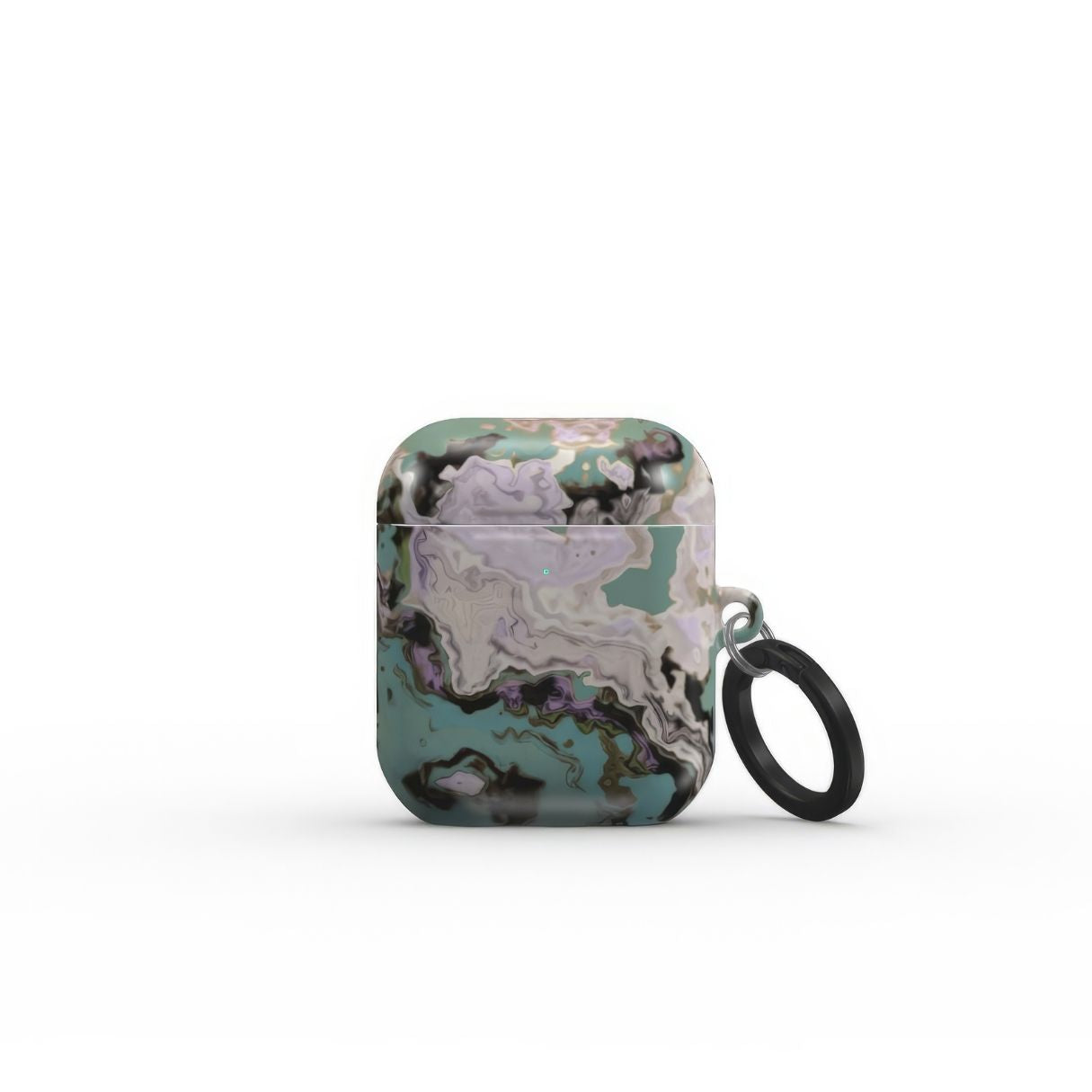 Apple AirPods 1/2 tough case with a bold vivid pattern in marble abstract and artistic style, featuring an elegant and expressive aesthetic design. Main colors are teal blue and light lilac. Front view.