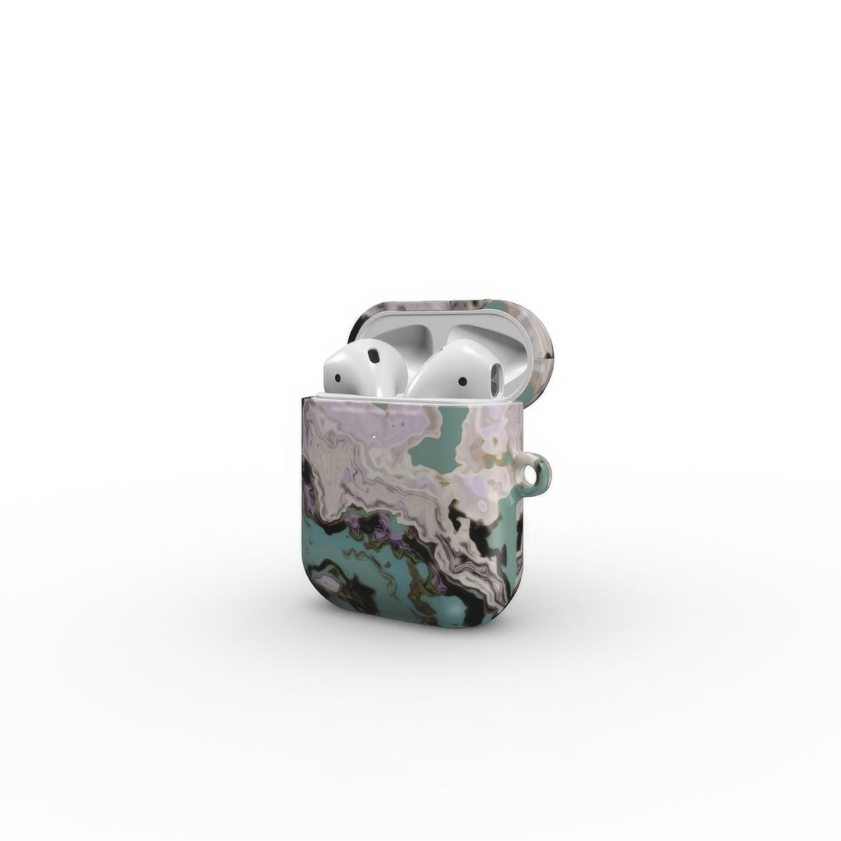 Apple AirPods 1/2 tough case with a bold vivid pattern in marble abstract and artistic style, featuring an elegant and expressive aesthetic design. Main colors are teal blue and light lilac. Side open view.