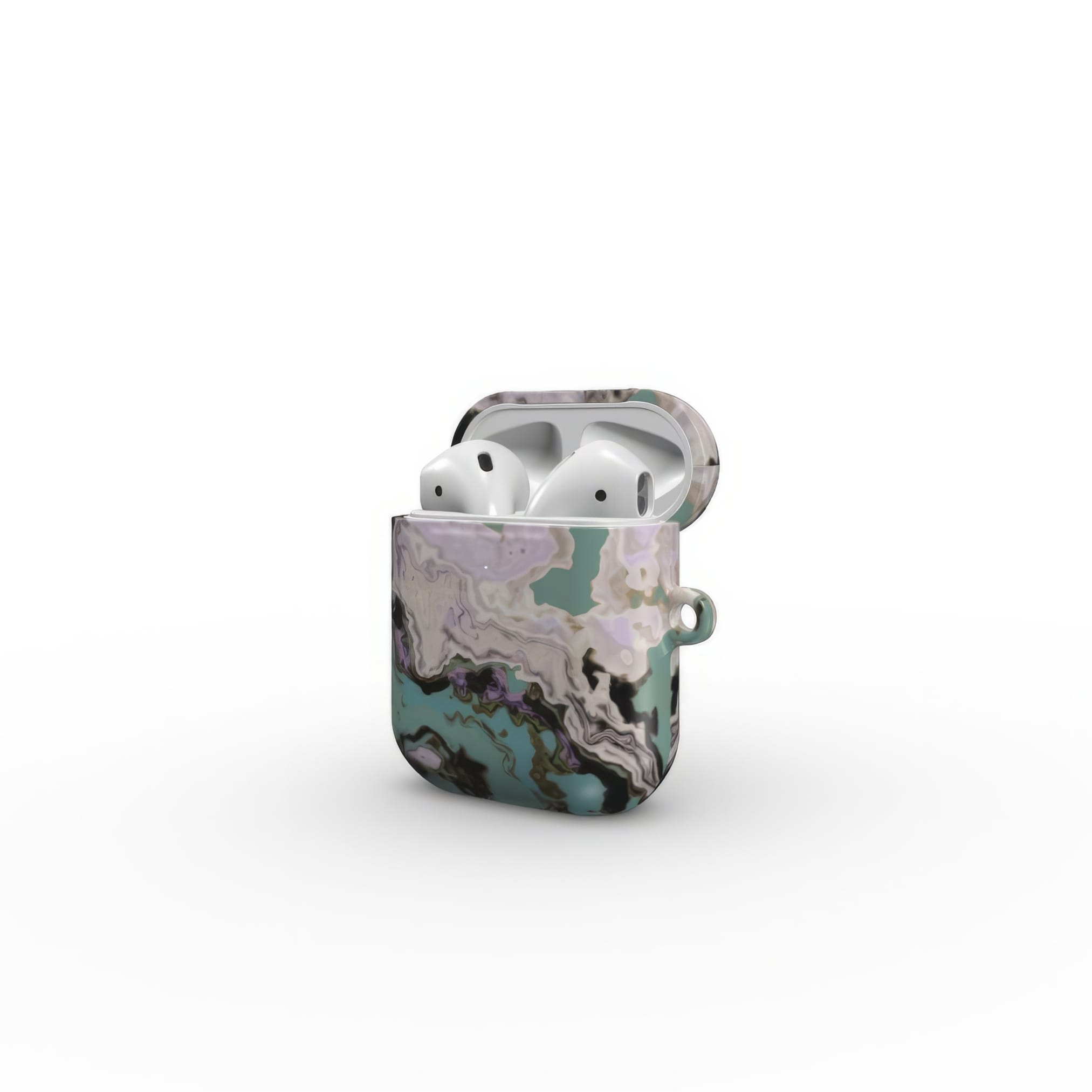 Apple AirPods 1/2 tough case with a bold vivid pattern in marble abstract and artistic style, featuring an elegant and expressive aesthetic design. Main colors are teal blue and light lilac. Side open view.