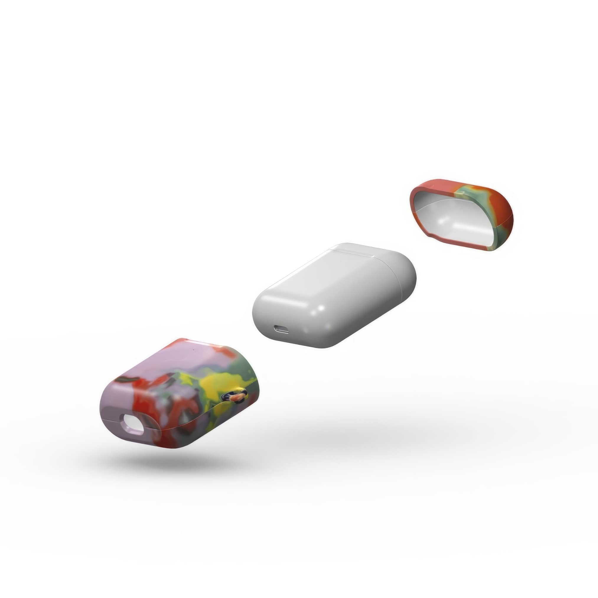 AirPods 1/2 tough case extend view; Tropical pattern, artistic, abstract marble pattern. Orange and purple color combination.