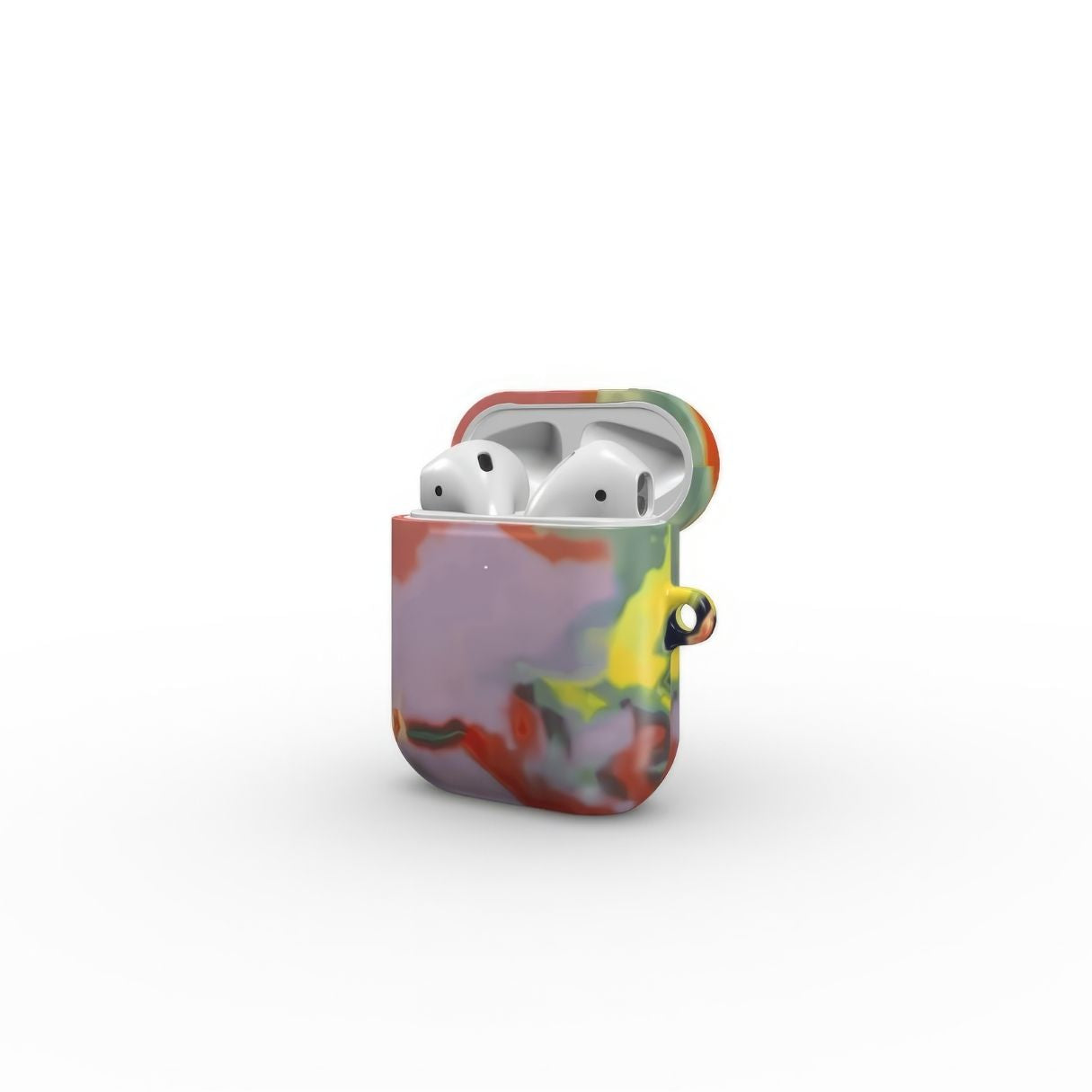 AirPods 1/2 tough case side open view; Tropical pattern, artistic, abstract marble pattern. Orange and purple color combination.