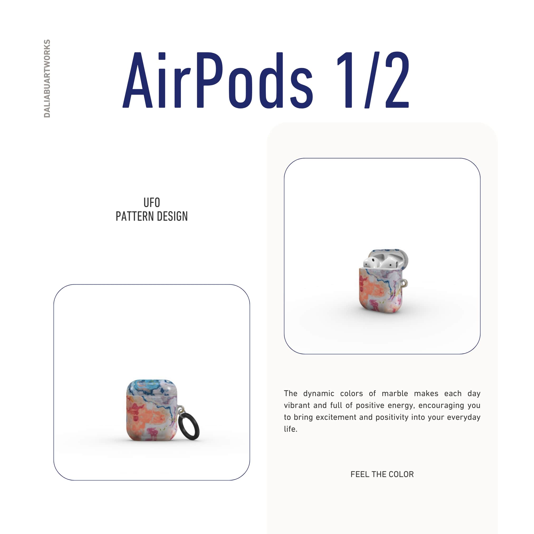 Ultra thin AirPods 1/2 tough case with a bold vivid pattern Ufo in marble abstract and artistic style, featuring an elegant and expressive aesthetic design. Main colors are blue, orange and red. Description.