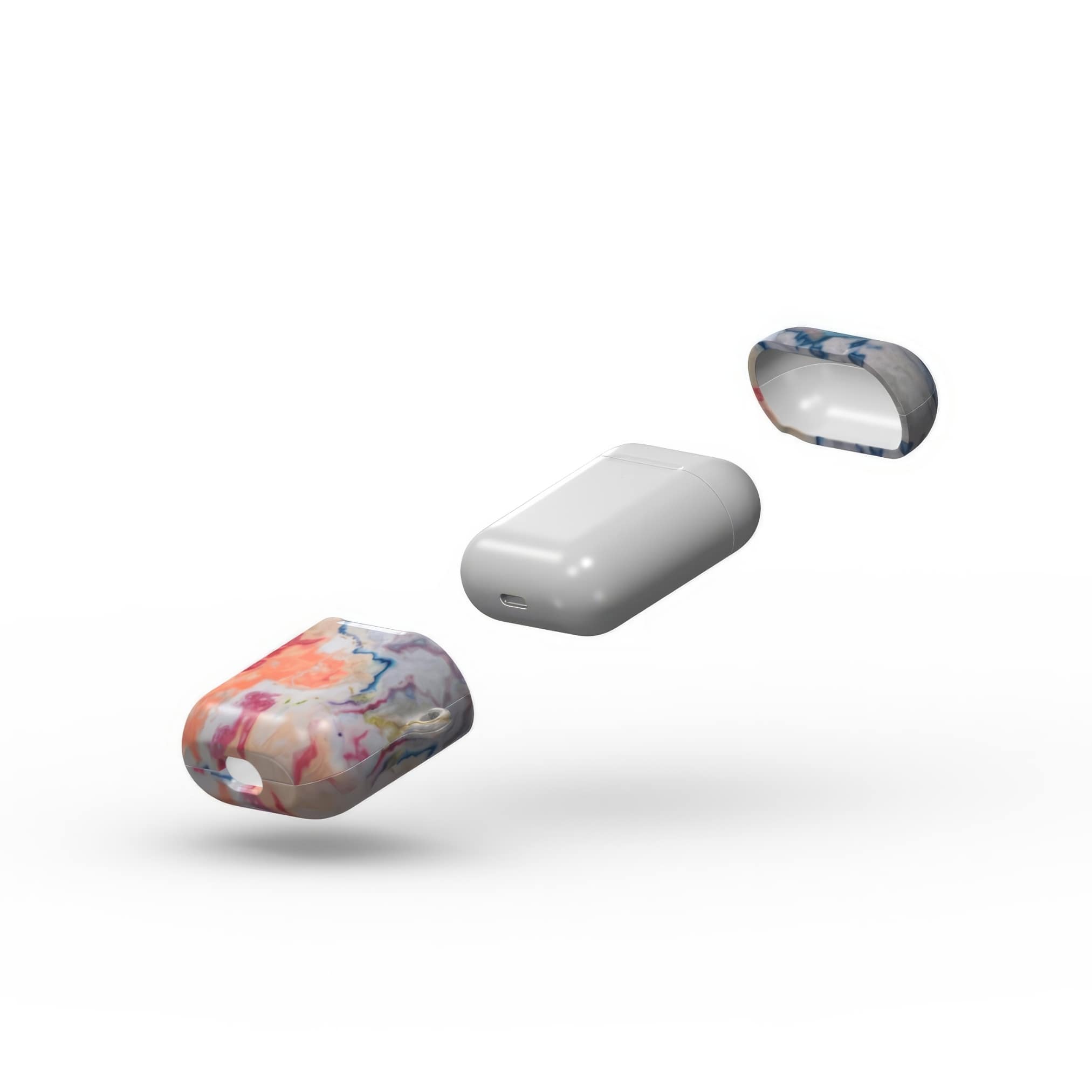 Ultra thin AirPods 1/2 tough case with a bold vivid pattern Ufo in marble abstract and artistic style, featuring an elegant and expressive aesthetic design. Main colors are blue, orange and red. Extend view.