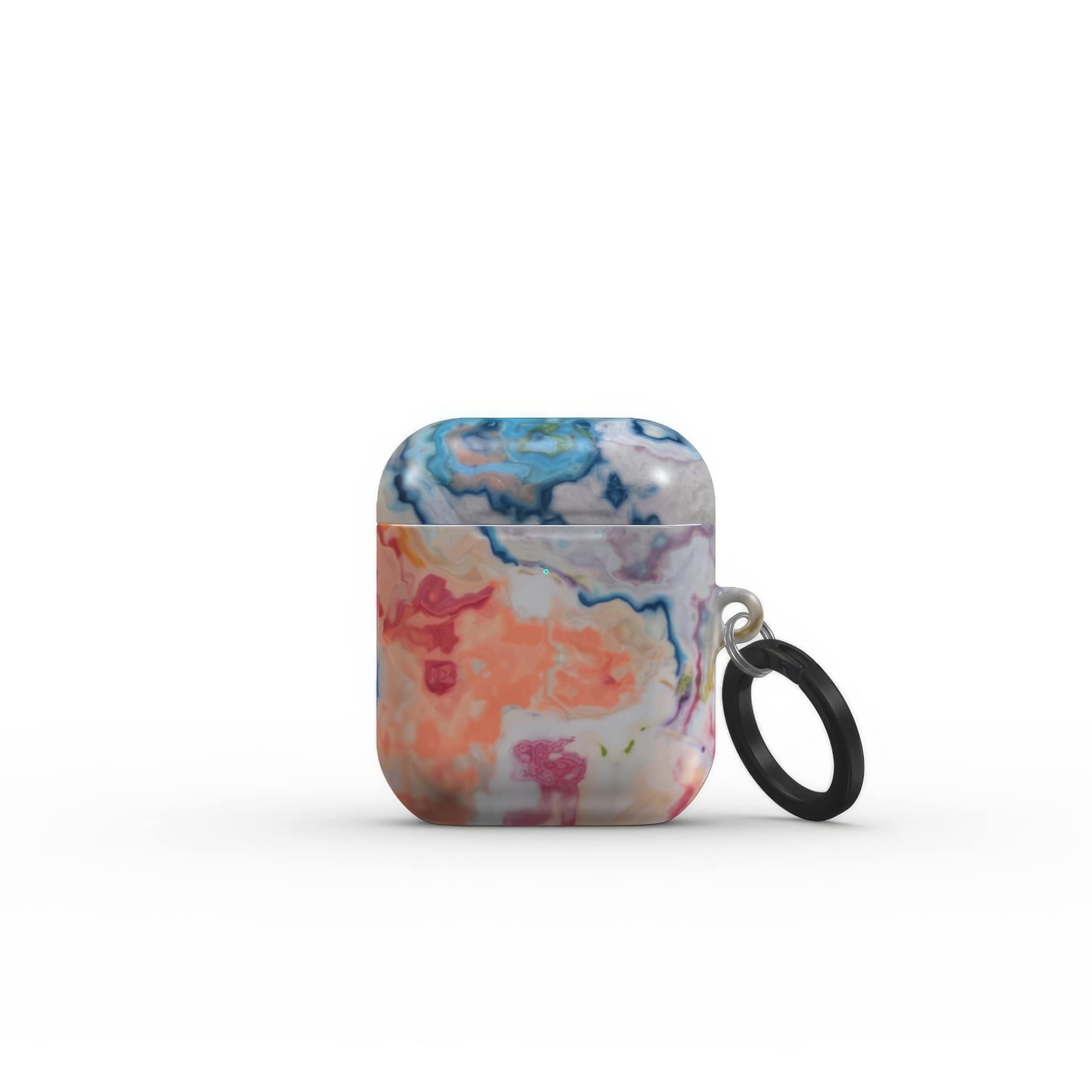 Ultra thin AirPods 1/2 tough case with a bold vivid pattern Ufo in marble abstract and artistic style, featuring an elegant and expressive aesthetic design. Main colors are blue, orange and red. Front view.