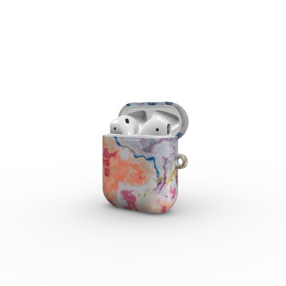 Ultra thin AirPods 1/2 tough case with a bold vivid pattern Ufo in marble abstract and artistic style, featuring an elegant and expressive aesthetic design. Main colors are blue, orange and red. Side open view.