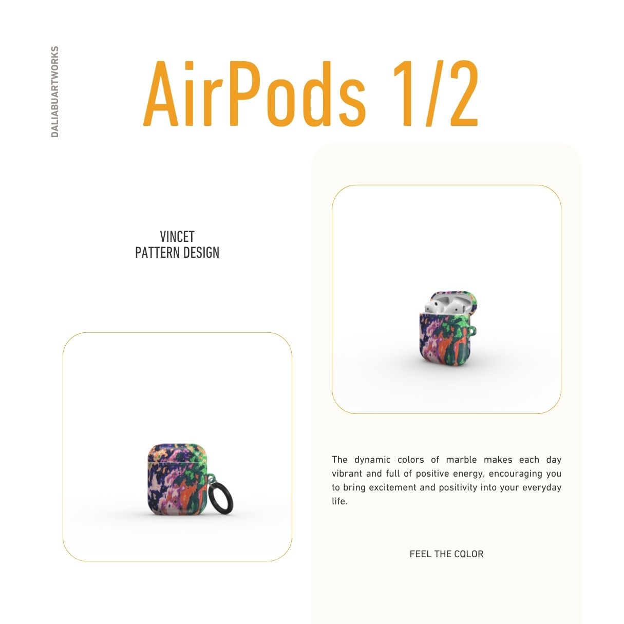 Ultra thin AirPods 1/2 case with a bold vivid pattern Vincet in marble abstract and artistic style, featuring an elegant and expressive aesthetic design. Main colors are purple, orange and green. Description.