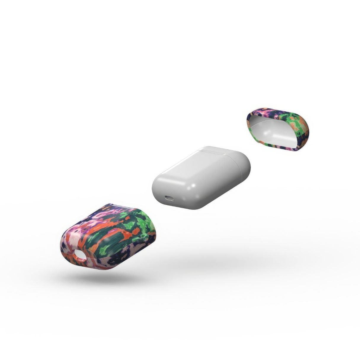 Ultra thin AirPods 1/2 case with a bold vivid pattern Vincet in marble abstract and artistic style, featuring an elegant and expressive aesthetic design. Main colors are purple, orange and green. Extend view.