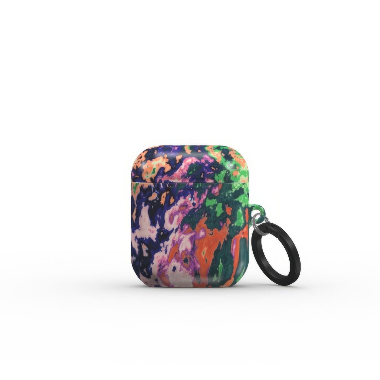 Ultra thin AirPods 1/2 case with a bold vivid pattern Vincet in marble abstract and artistic style, featuring an elegant and expressive aesthetic design. Main colors are purple, orange and green. Front view. 