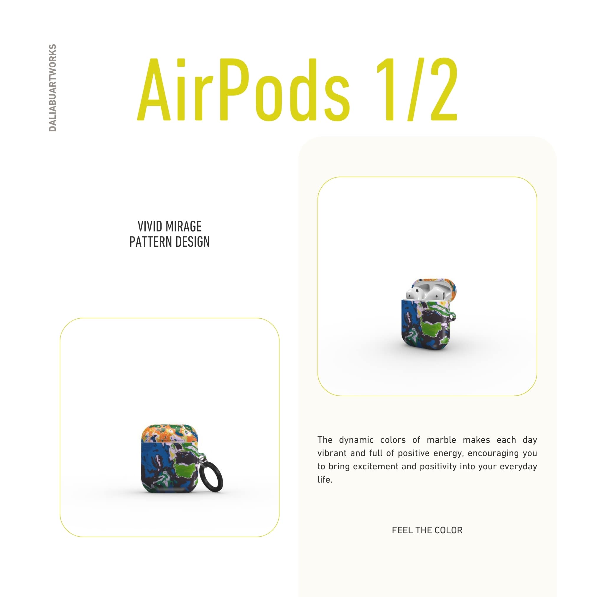 AirPods 1 and 2 case with a bold vivid pattern in marble abstract and artistic style, featuring an elegant and expressive aesthetic design. Main colors are blue, green and yellow with slight orange. Front view.