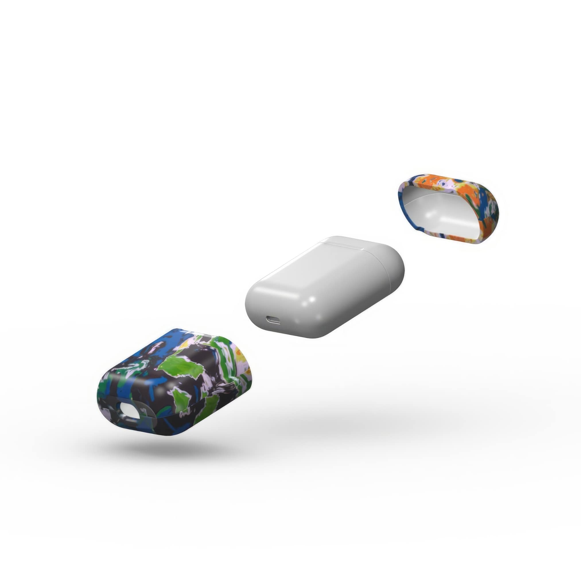 AirPods 1 and 2 case with a bold vivid pattern in marble abstract and artistic style, featuring an elegant and expressive aesthetic design. Main colors are blue, green and yellow with slight orange. Extend view.