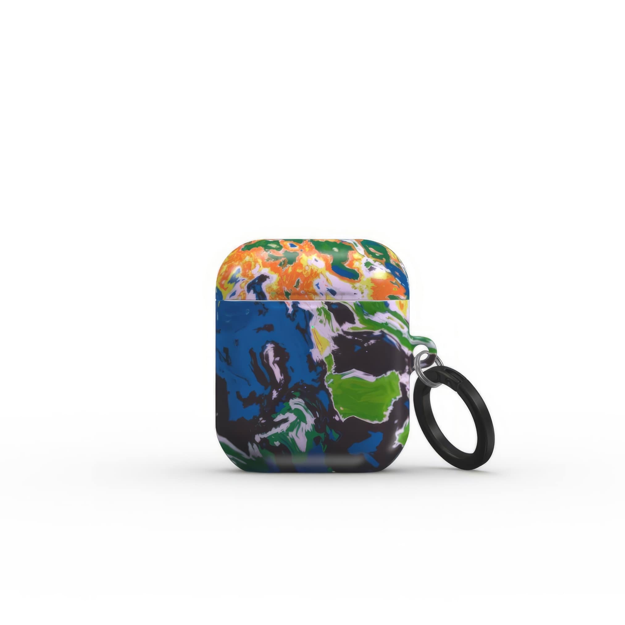 AirPods 1 and 2 case with a bold vivid pattern in marble abstract and artistic style, featuring an elegant and expressive aesthetic design. Main colors are blue, green and yellow with slight orange. Front view.