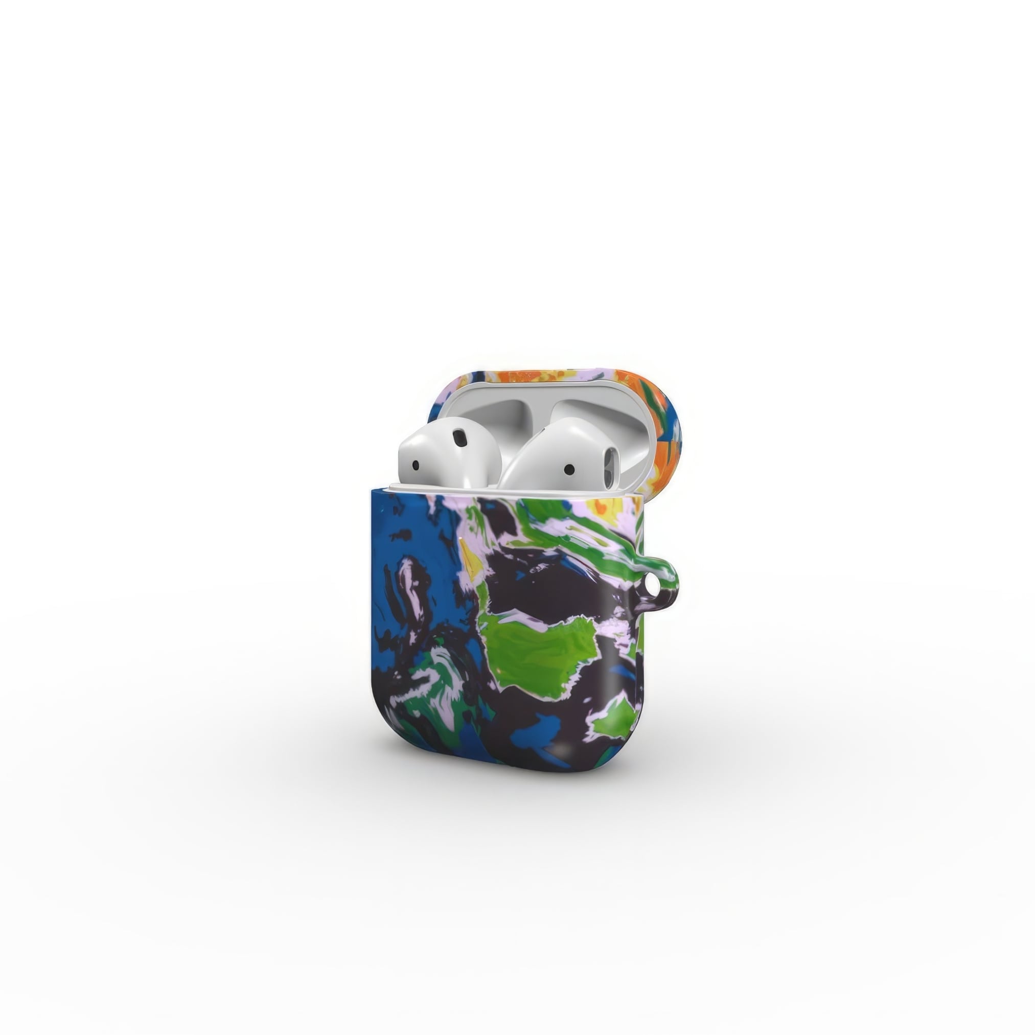 AirPods 1 and 2 case with a bold vivid pattern in marble abstract and artistic style, featuring an elegant and expressive aesthetic design. Main colors are blue, green and yellow with slight orange. Open side view.