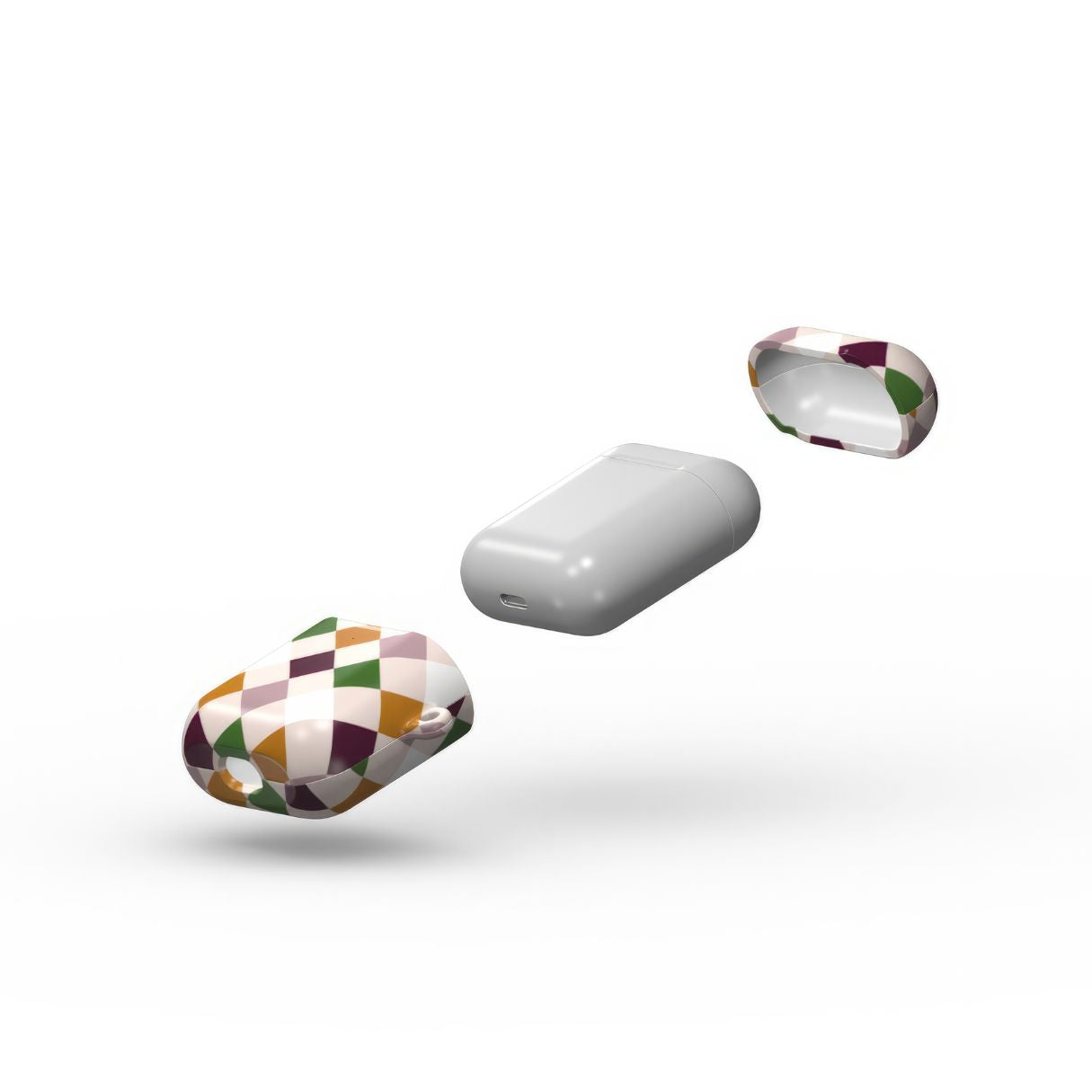 AirPods 1 and 2 hard shell ultra thin case Wonder Chess pattern design with a dynamic geometric symmetry in chess style, featuring an elegant and expressive aesthetic design. Main colors are sugar brown, green, deep cherry and pink. Extend view.