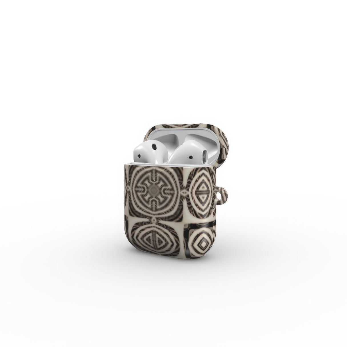 AirPods 1 and 2 case side open view; Wooden Snake 1 pattern, ornamental pattern; kaleidoscope pattern imagination. Brown color.