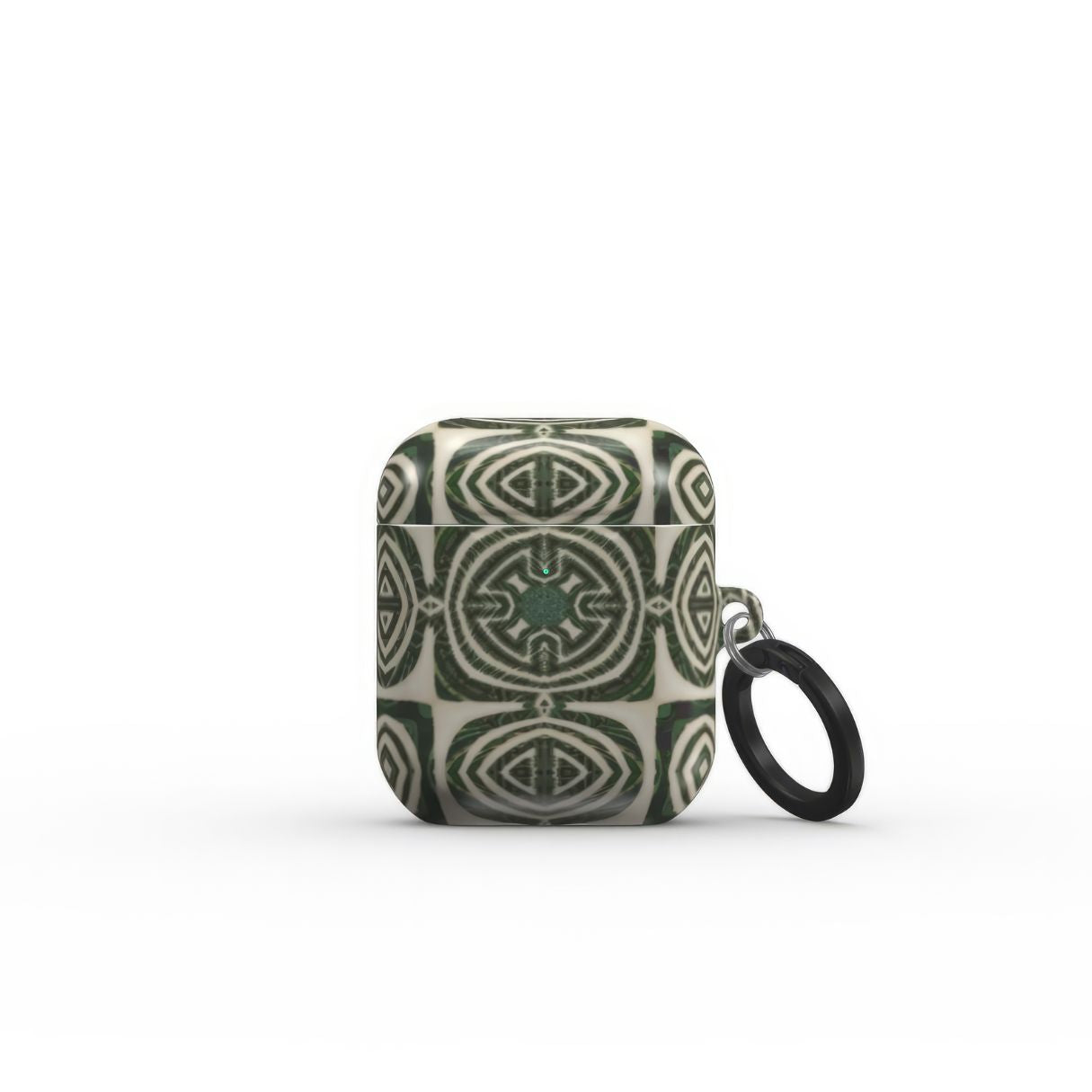 AirPods 1 and 2 case front view; Wooden Snake 2 pattern, ornamental pattern; kaleidoscope pattern imagination. Green color. Bold expressive aesthetic design. Colorful and interior fit. Elegant.