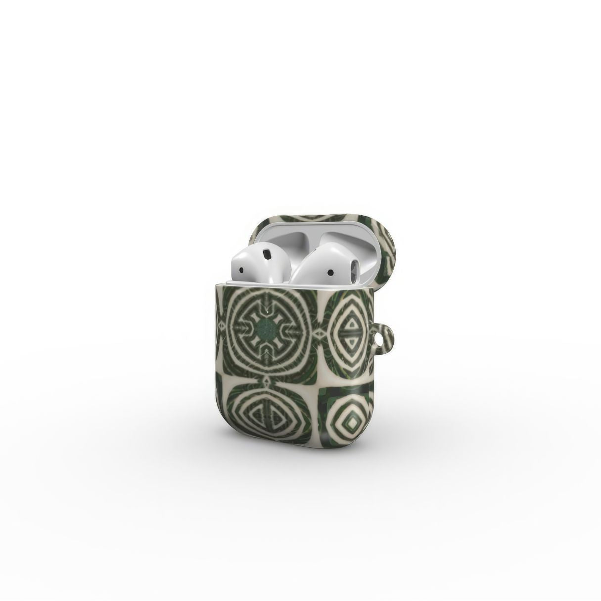 AirPods 1 and 2 case side open view; Wooden Snake 2 pattern, ornamental pattern; kaleidoscope pattern imagination. Green color.