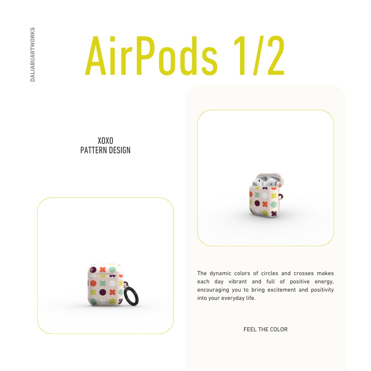 AirPods 1 and 2 tough hard shell case XOXO pattern design with a circles and cross modern style, featuring an elegant and expressive aesthetic design. Main colors are orange red, purple, yellow and mint. Front view.