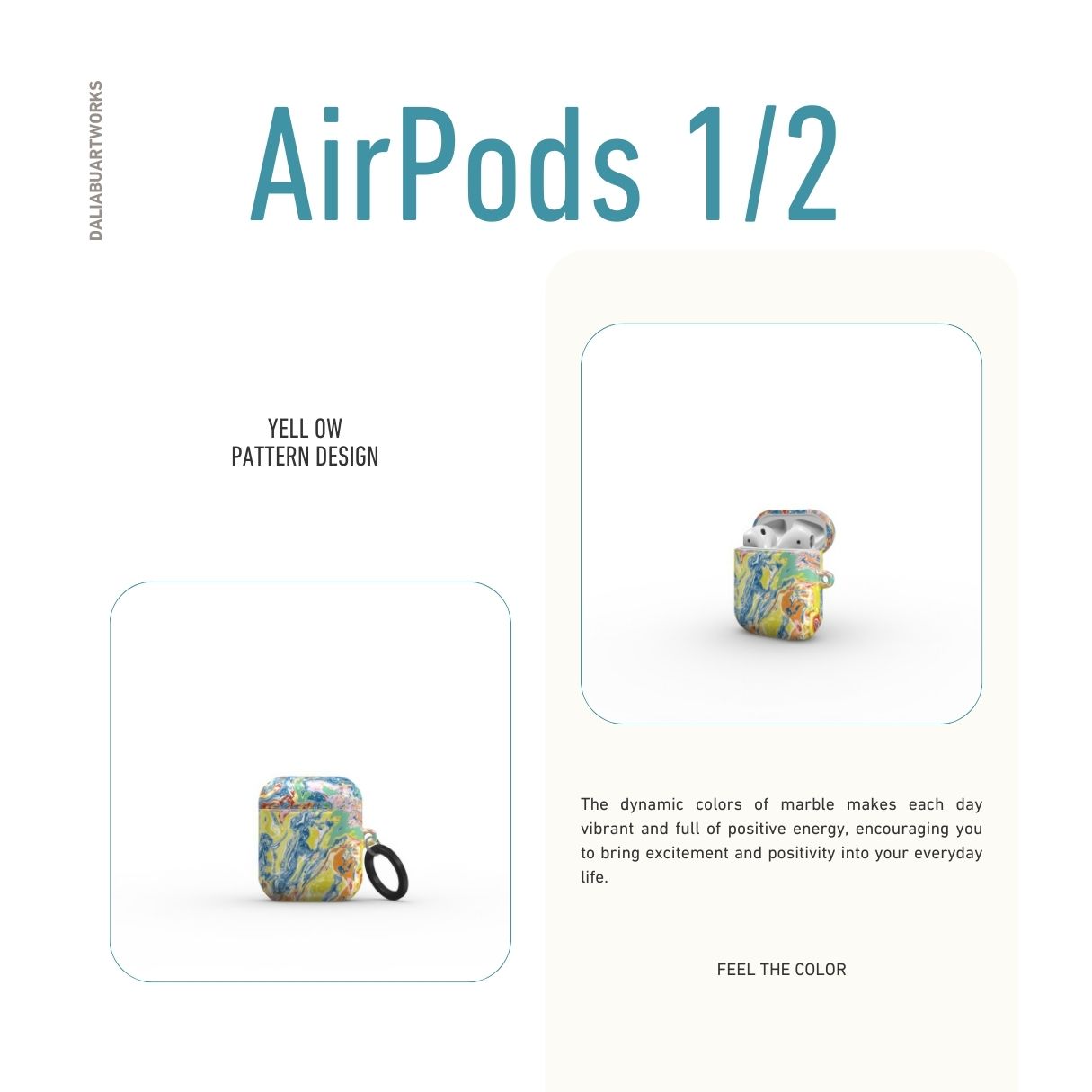 AirPods 1/2 gen case with a bold vivid pattern Yell Ow abstract and artistic style, featuring an elegant and expressive aesthetic design. Main colors are yellow and blue. Description.