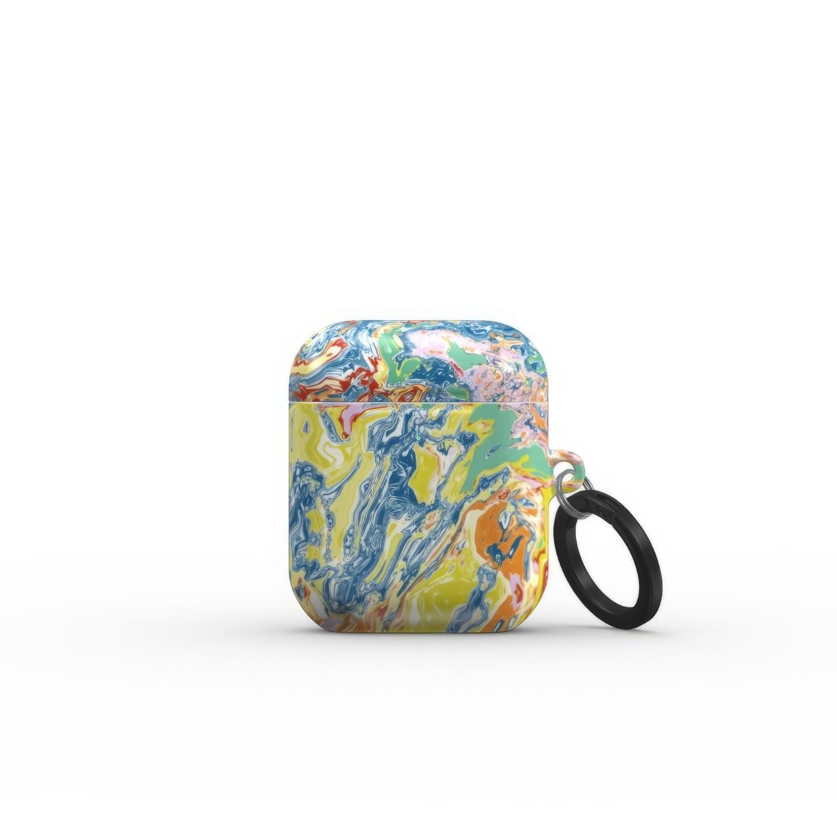 AirPods 1/2 gen case with a bold vivid pattern Yell Ow abstract and artistic style, featuring an elegant and expressive aesthetic design. Main colors are yellow and blue. Front view.