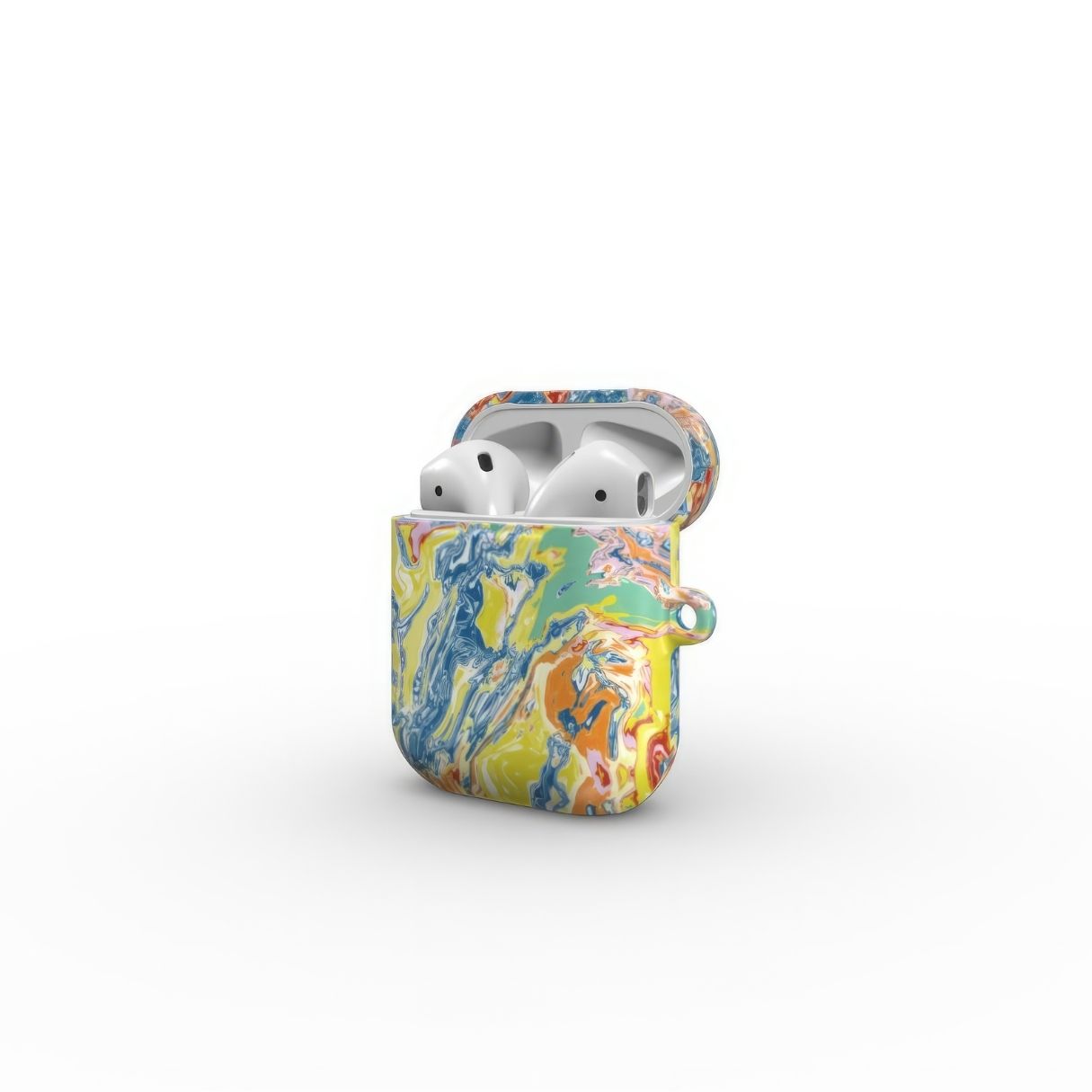 AirPods 1/2 gen case with a bold vivid pattern Yell Ow abstract and artistic style, featuring an elegant and expressive aesthetic design. Main colors are yellow and blue. Side view.